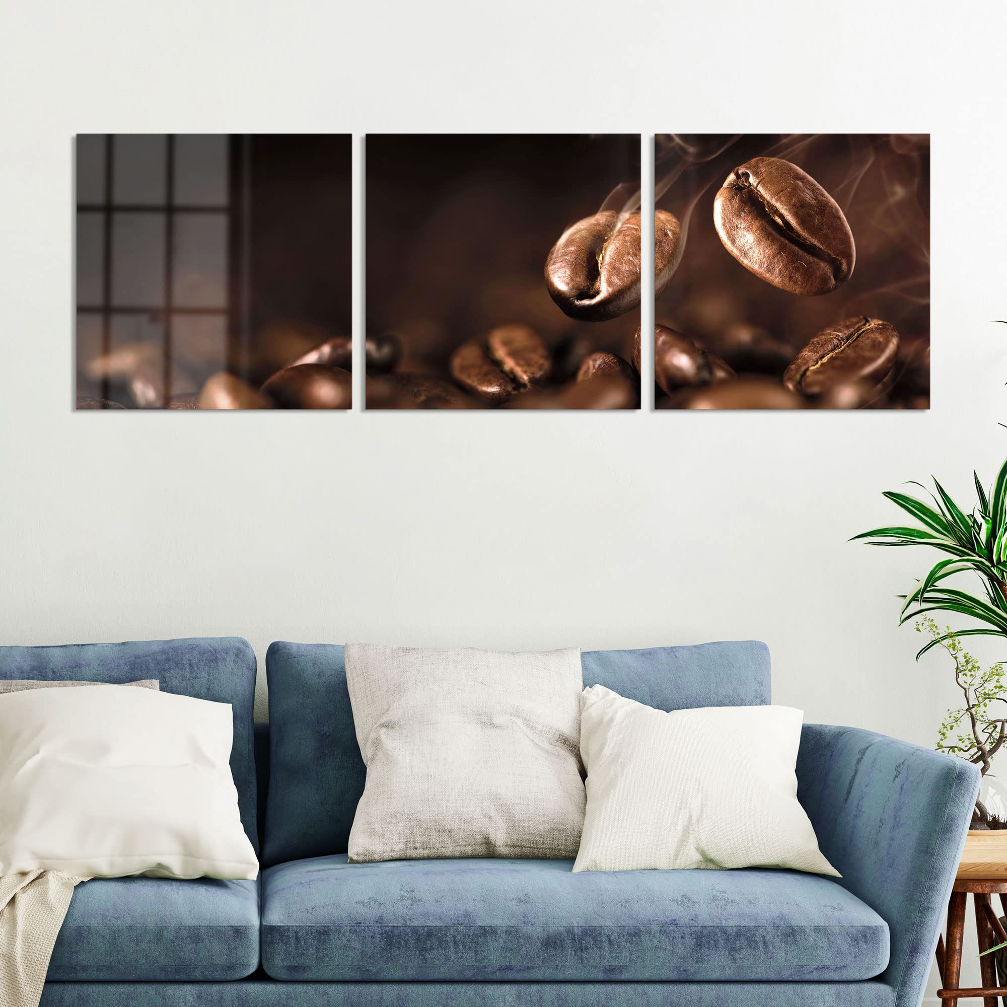 DEQORI Obrazy na szkle z prawdziwego szkła, motyw pachnących ziaren kawy, poziome, 3-częściowe, 150 x 50 cm, duża dekoracja XXL, obrazy ścienne do salonu, sypialni, przedpokoju i kuchni, nowoczesna dekoracja ścienna