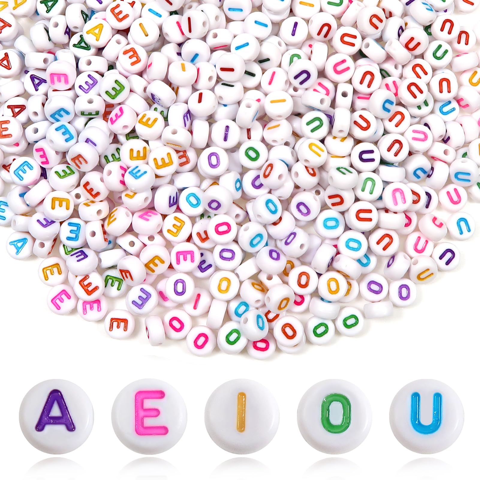 TOAOB 500pcs Vowel Letter Beads 7mm Round Acrylic Alphabet Beads with Colorful Word A E I O U for Necklace Bracelet Jewellery Making