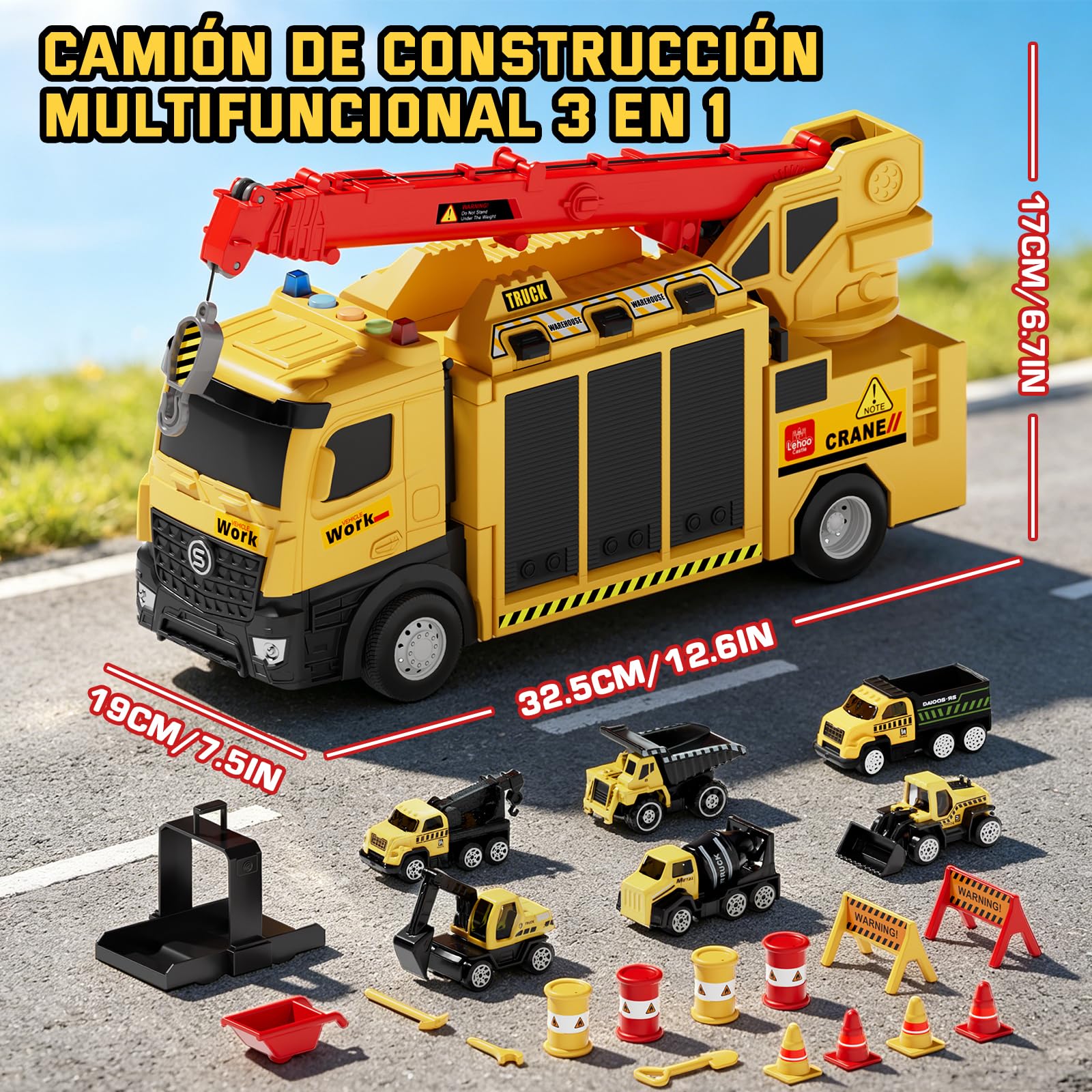 Lehoo Castle Camión de Juguete con Grúa Luz y Sonido, Vehículos de Construcción Regalo para Niños de 3 4 5 6 Años, Garaje Coches Juguete con 6 Mini Excavadora Tractor y Piezas de Construcción