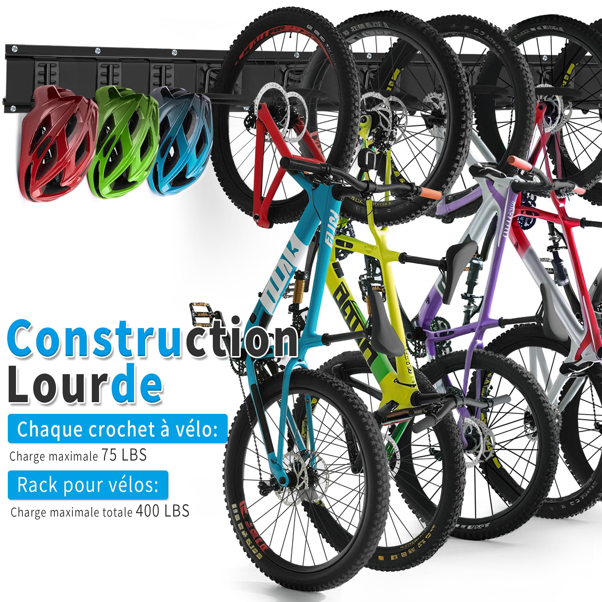 OUUTMEE Support Vélo Mural Vertical, Charge Max 150+ kg,5 Vélos + 3 Casques | Porte Vélo Mural Vertical en Acier au Carbone, Support Mural de Rangement de Vélos pour Garage,Fer Solide Antirouille