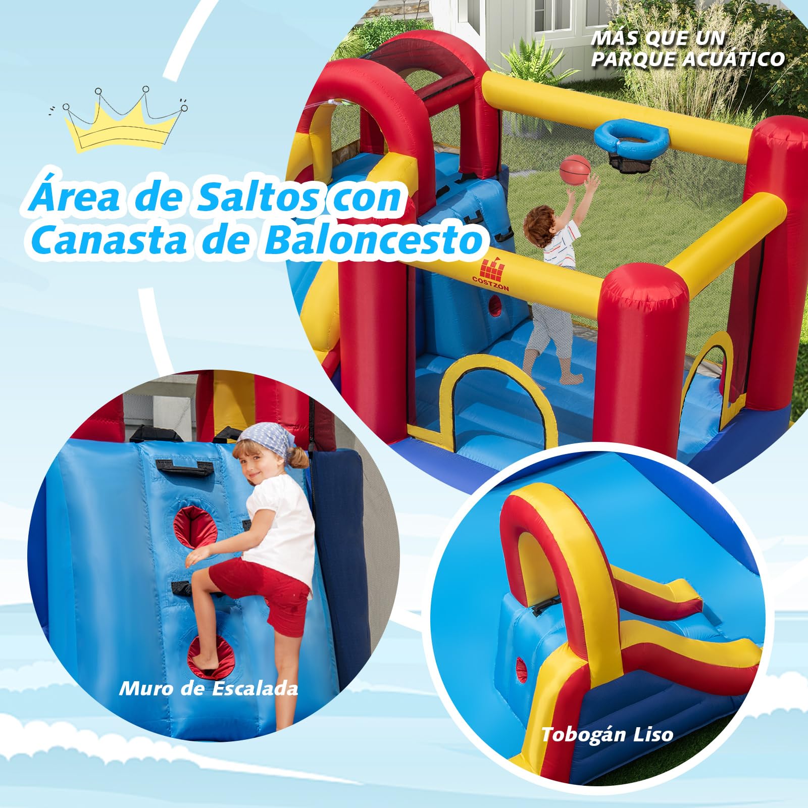 COSTWAY Castillo Hinchable Grande, Parque Acuático Infantil con Doble Tobogán, 2 Piscinas, Área de Salto y Aro de Baloncesto, 450 x 392 x 216 cm, para Jardín Patio, Multicolor (sin Soplador)