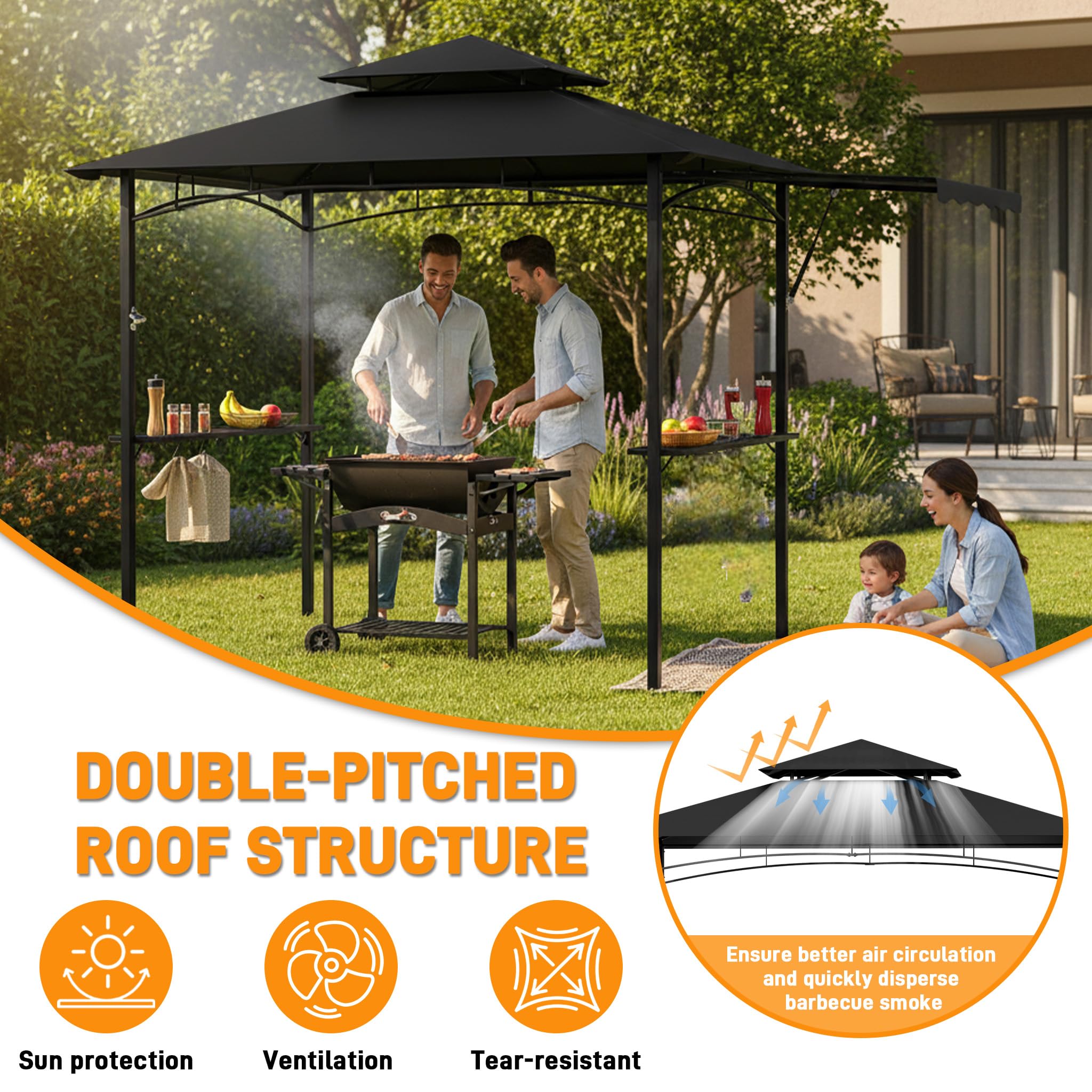 UISEBRT Pavillon da barbecue con tenda laterale estraibile, riparo per barbecue con 2 ripiani, ganci e apribottiglie, doppio tetto resistente agli agenti atmosferici per ventilazione e scarico del