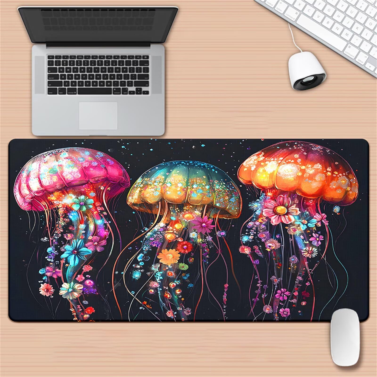 Alfombrilla de Ratón XXL 1000x500x2mm, Alfombrilla de Escritorio Grande Flores Medusa, Mouse Pad Gaming Antideslizante con Bordes Cosidos para Teclado, PC y Oficina