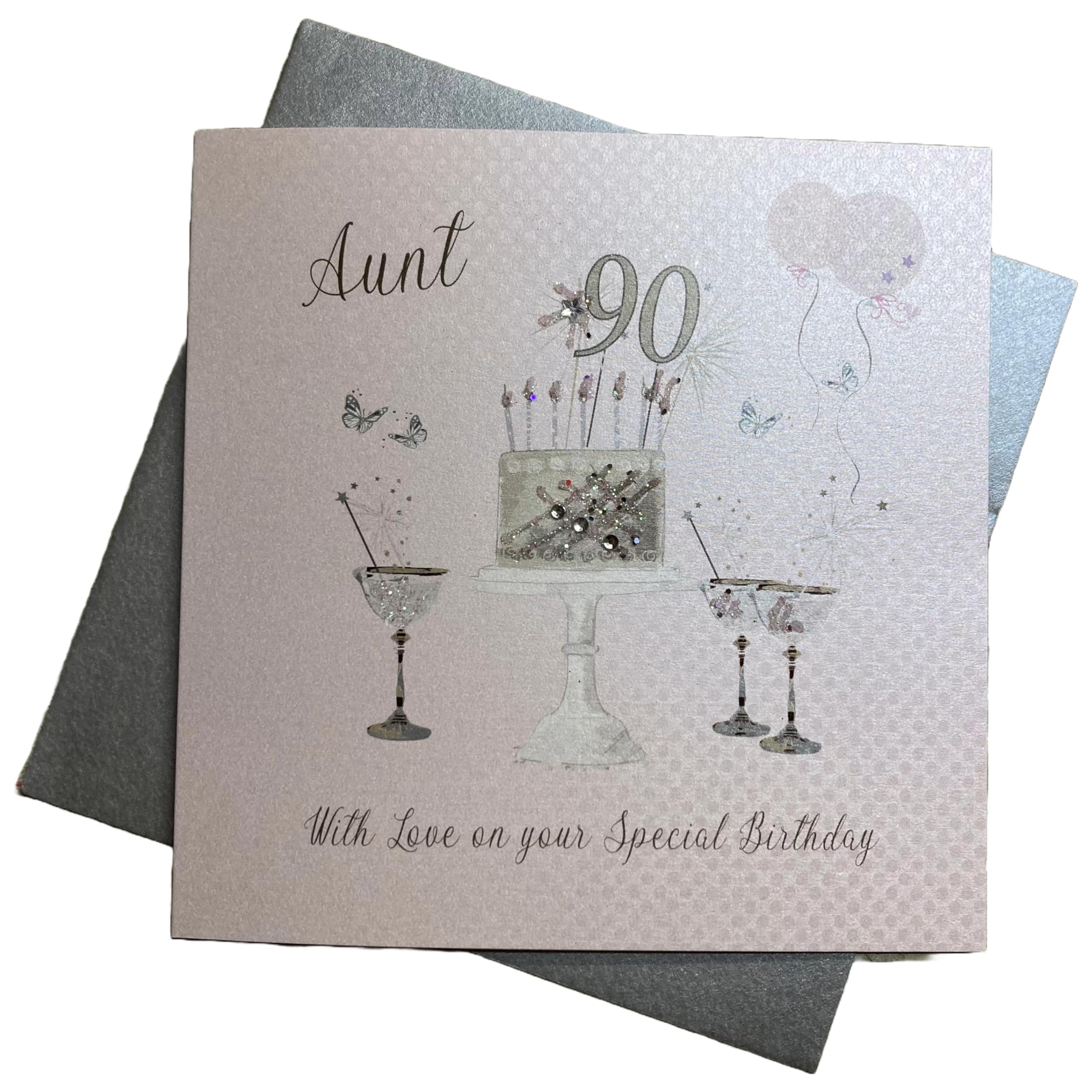 WHITE COTTON CARDS Happy 90th Birthday Card Aunt Champagne Glasses Pink & Gold Sparkly Cake SS42-A90