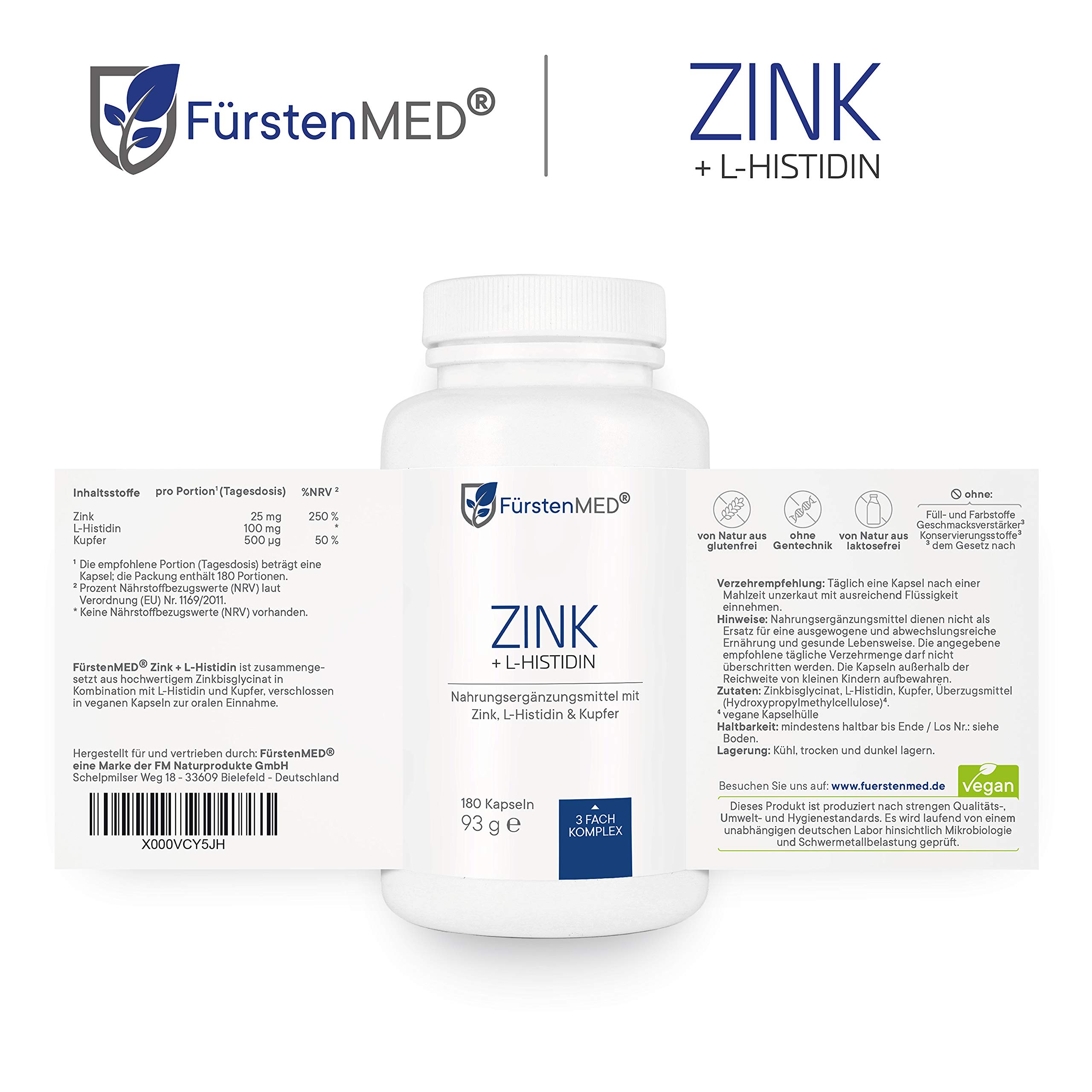FürstenMED® 180 Zink Kapseln Hochdosiert mit 25mg Zink aus Zinkbisglycinat + L-Histidin + Kupfer, Veganes Zinc Supplement Laborgeprüft & Ohne Zusatzstoffe