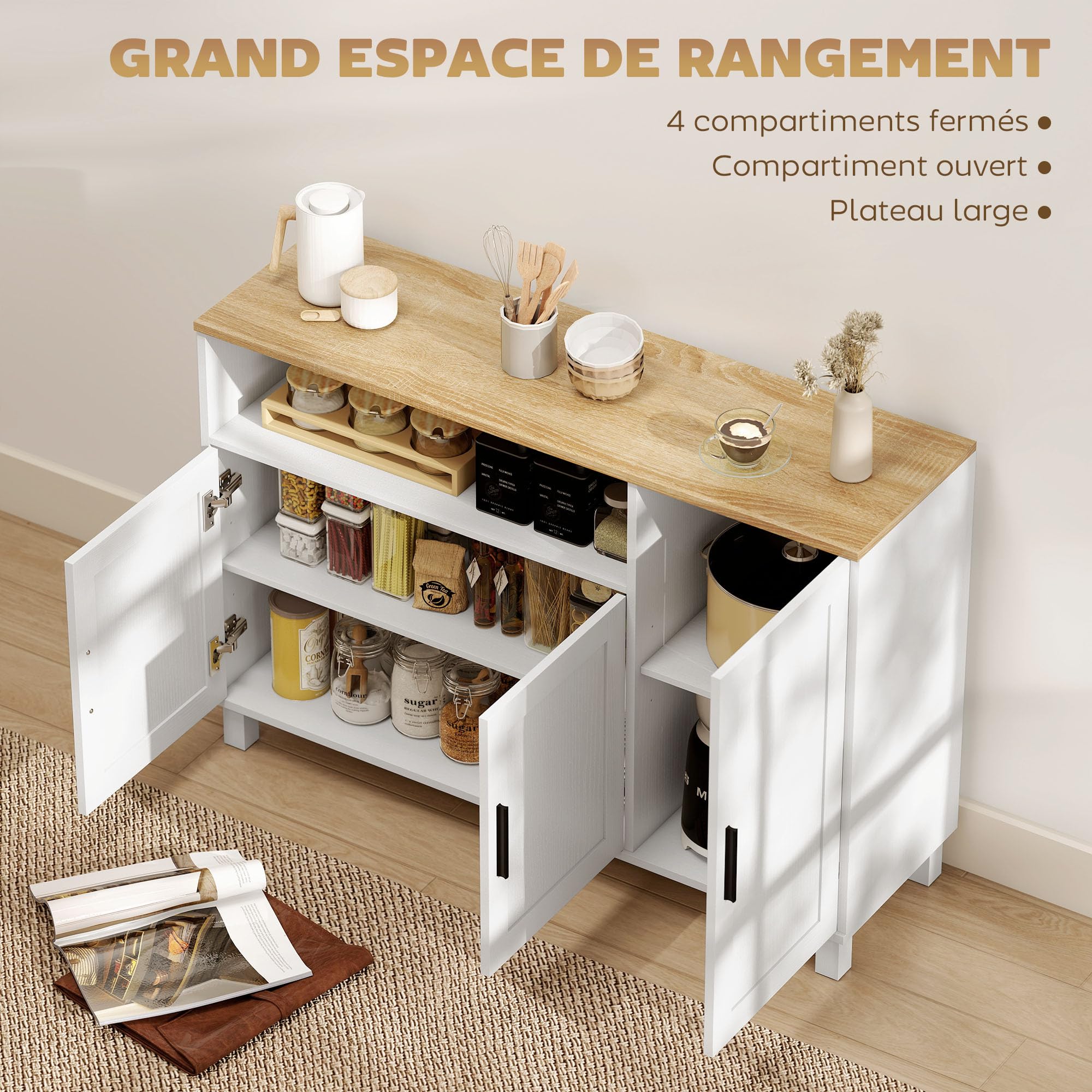 HOMCOM Buffet 3 Portes à Fermeture Amortie 110 x 33 x 75 cm Blanc | Meuble de Rangement, Compartiment Ouvert, Étagères Réglables, Style Moderne, Buffet Salle à Manger, Salon