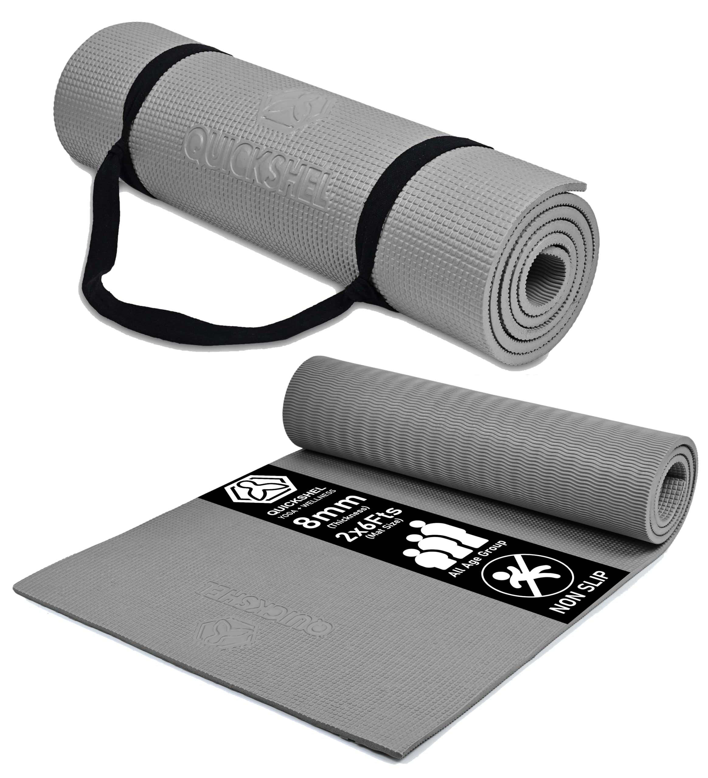 Extra Thick 8mm Thickness Yoga mats Exercise Mat Anti-Skid 8mm thickness Water/Dirt Proof Lightweight easy to Carry for home and gym workouts for men women children with Carry Strap (Grey) (2fts x 6fts)