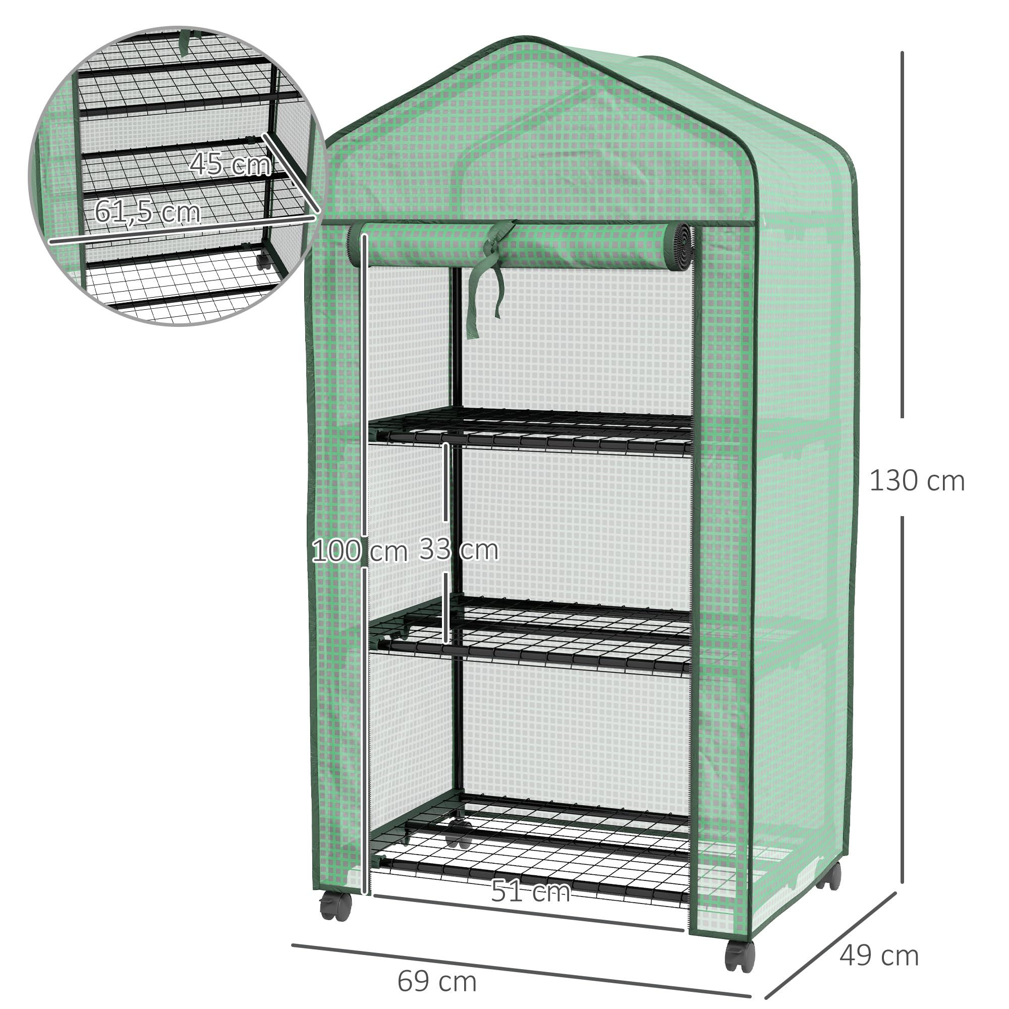 Outsunny Serre de Jardin PE avec étagères 3 Niveaux, Serre de Balcon, bâche PE, châssis en Acier, Porte zippée Enroulable, pour légumes Plantes Fleurs, 69x49x130cm, Vert