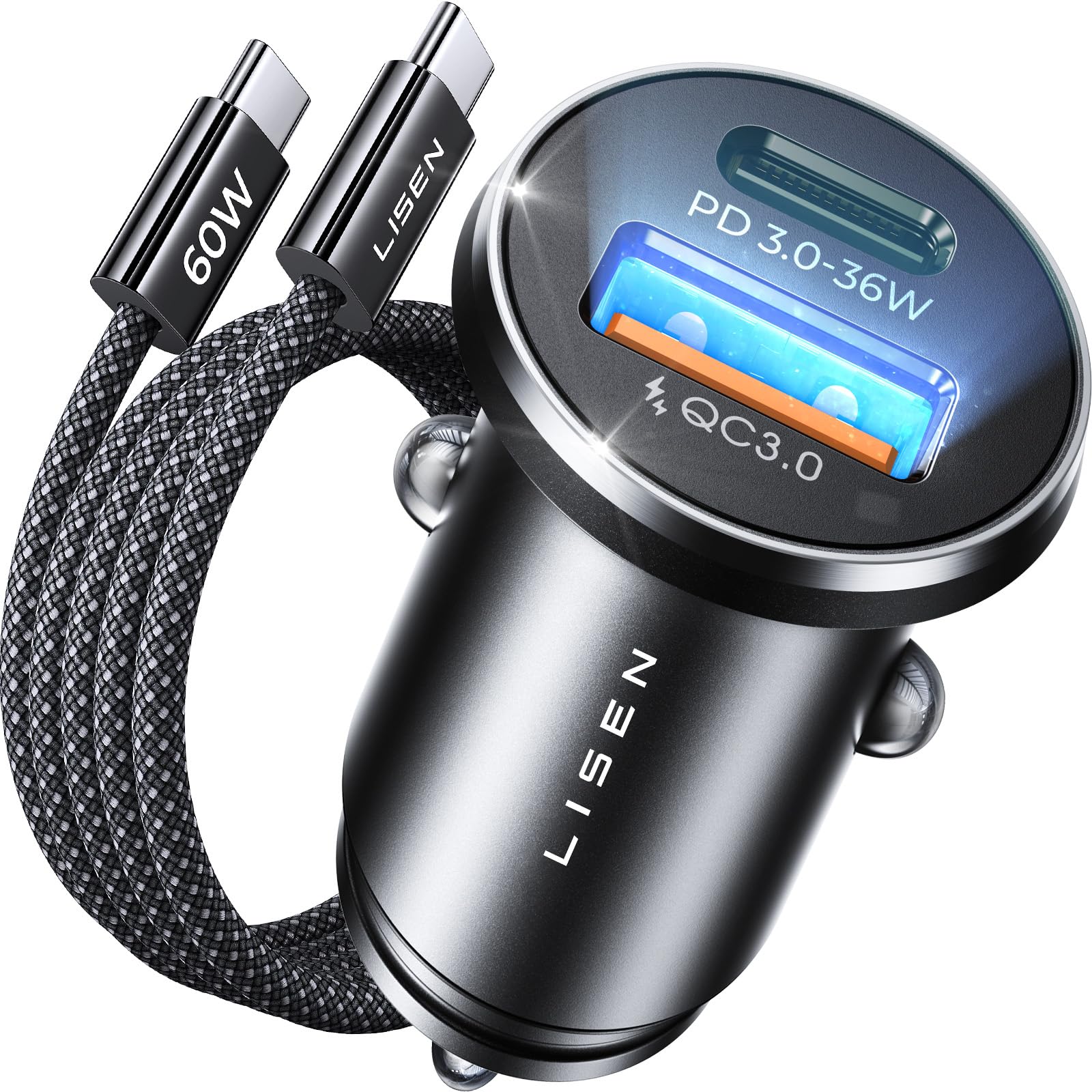 LISENCar Charger Adapter USB C 54W 12V USB Socket [USBC 36W+QC18W] 60W USB C Cable PD3.0 iPhone 17 Car Phone Charger Cigarette Lighter USB Charger for iPhone 17 Pro Max Samsung S25 Car Accessories