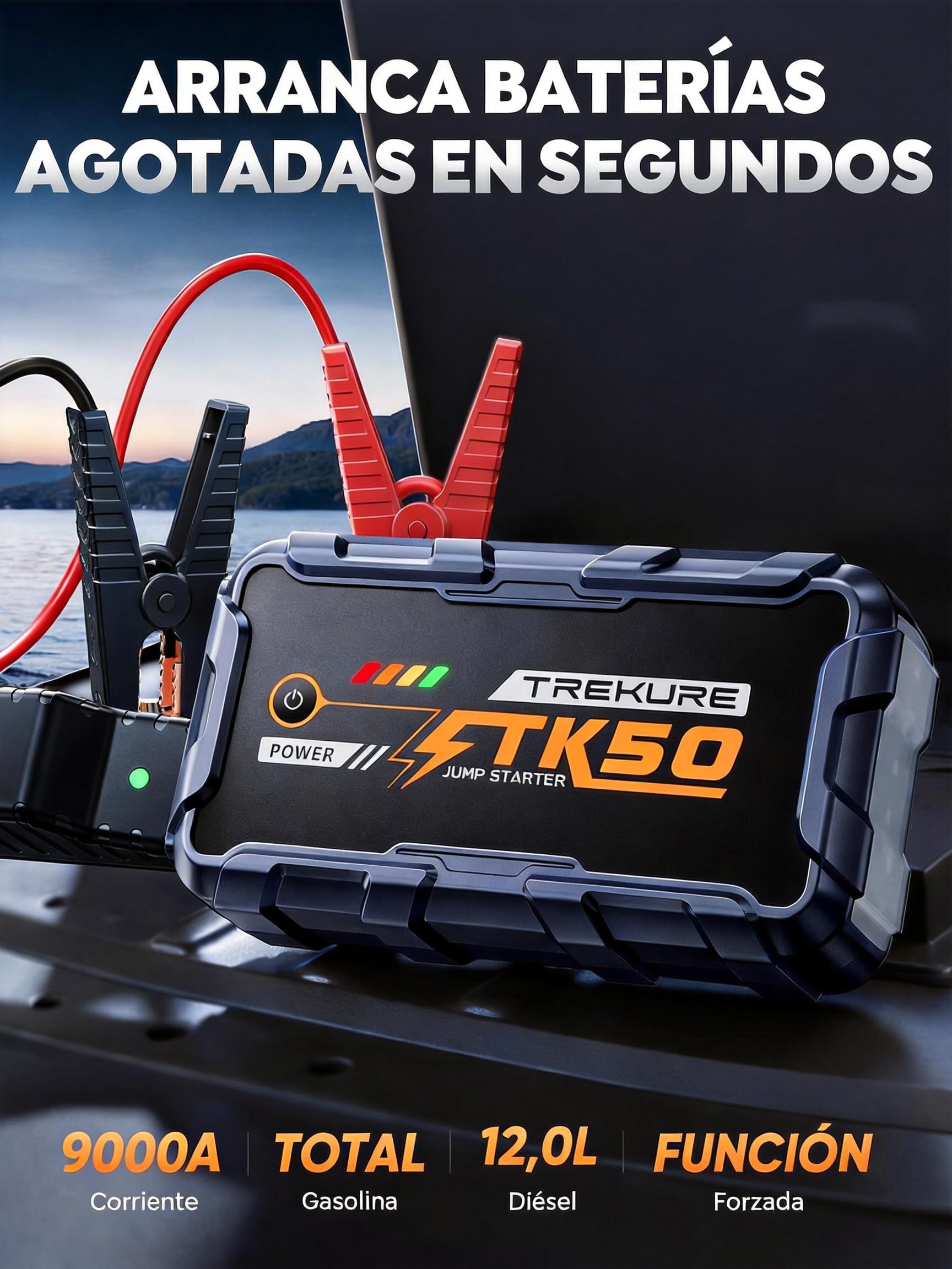 TREKURE Arrancador de Baterias de Coche 9000A (12L Diésel y Todo Gasolina), Arrancador de Coches Portátil con 18W Carga Rápida, 12V Jump Starter con Pinzas Reforzadas y 800 LM Linterna LED