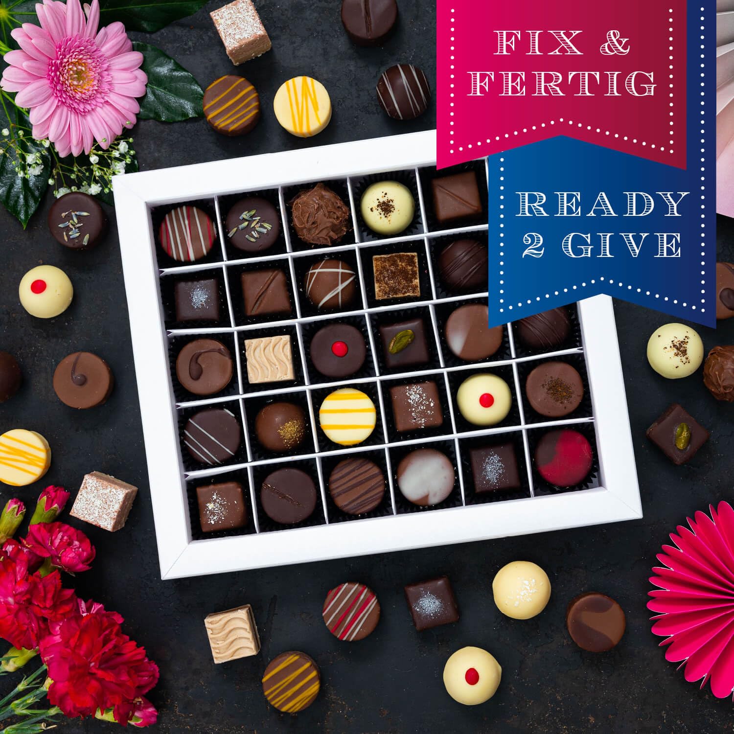 Hallingers Genuss Manufaktur Pralinen Geschenk - ohne Alkohol, handmade aus Confiserie-Edelkakao in wertiger XXL-Geschenkbox "Herzliche Antei...", Geschenkidee für Frauen Männer