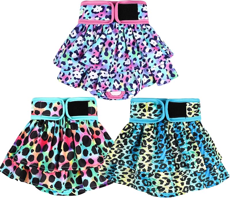 Fralda Reutilizável para Cadelas wegreeco com Saia e Fecho Ajustável, Colorful Leopard, Tamanho Grande, Pacote com 3