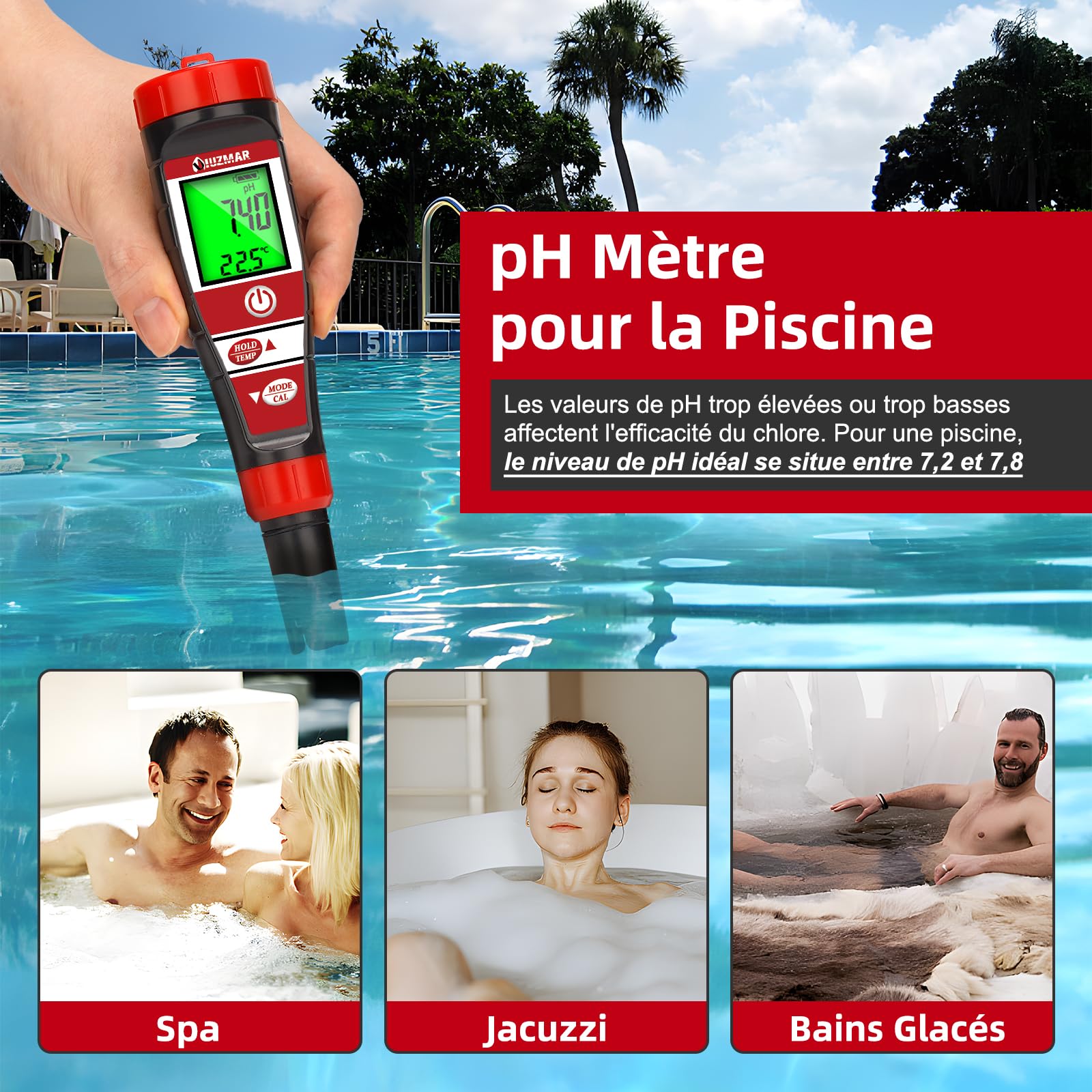 UIUZMAR pH Mètre pour L'eau 4 en 1 pH EC TDS Temp Mètre pour Piscine Aquarium Hydroponique Testeur d'eau PPM et EC pH Testeur Numérique de Piscine de Haute Précision pH Mètre pour Eau Potable