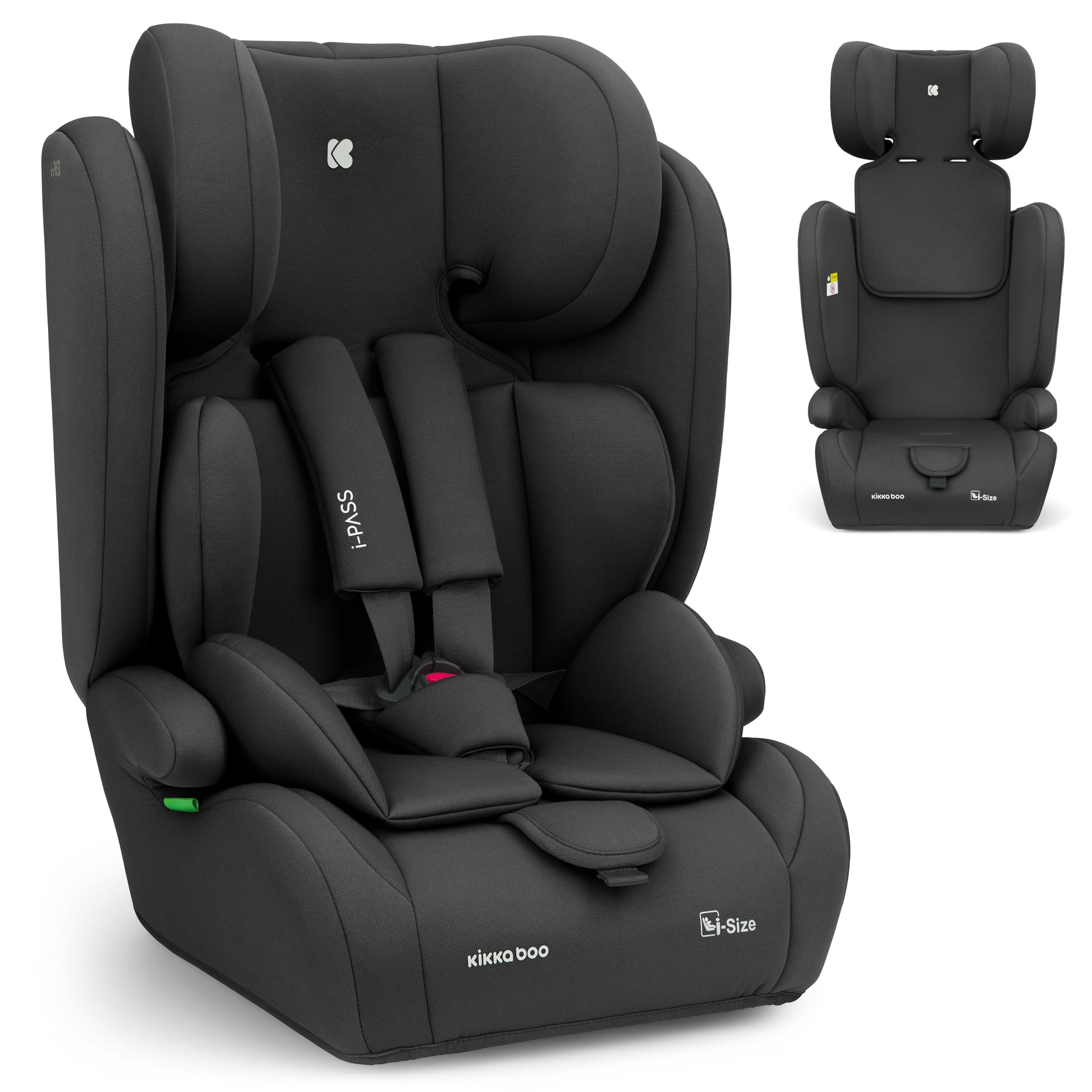 KikkaBoo Seggiolino Auto 9-36 kg Senza ISOFIX i-PASS, Gruppo 1/2/3, Da 15 Mesi a 12 Anni, i-Size 76-150 cm, Poggiatesta Regolabile 13 Posizioni, Nero
