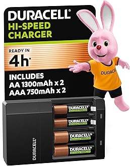 Hi-Speed Battery Charger, 4 hours, Compatible with AA and AAA NiMh Batteries, 2x AA 1300mAh and 2x AAA 750 mAh, Rechargeable Batteries Included