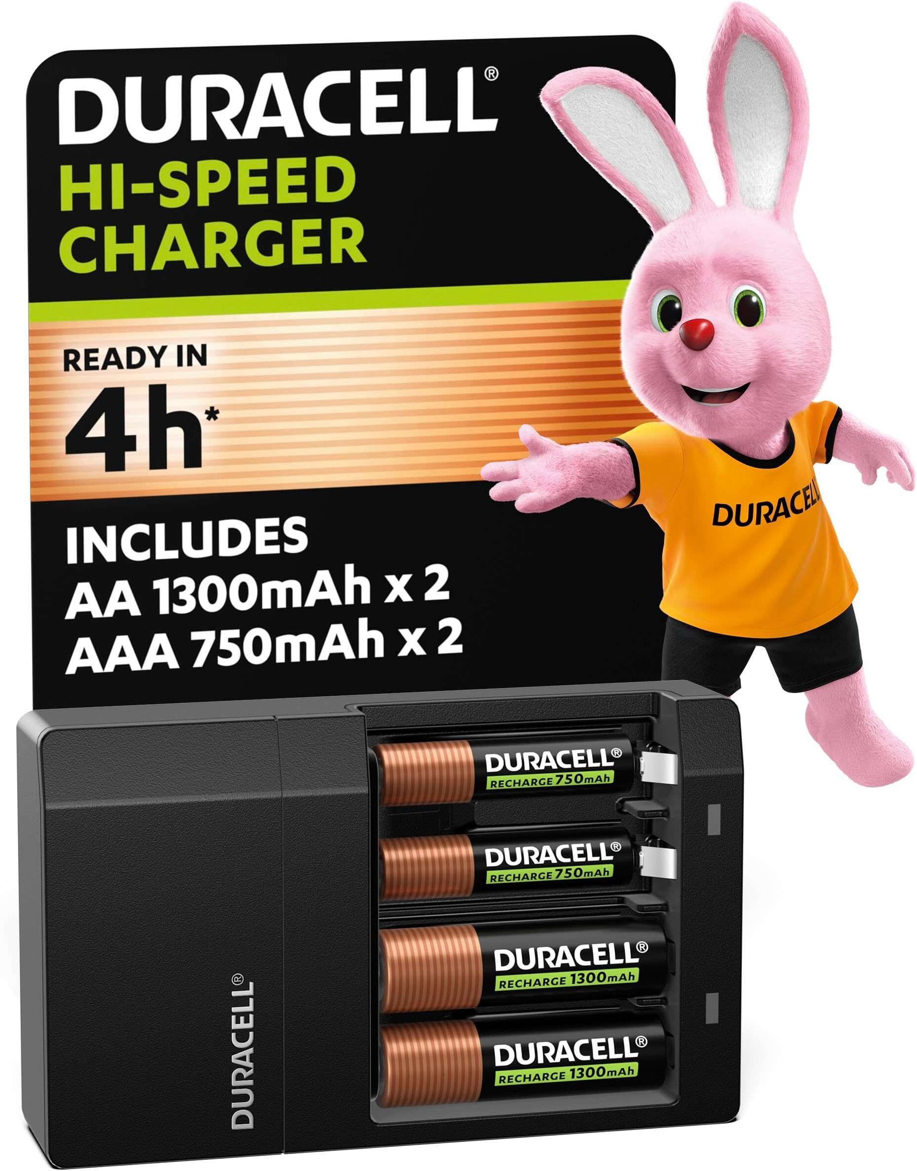 DURACELL Hi-Speed Battery Charger, 4 hours, Compatible with AA and AAA NiMh Batteries, 2x AA 1300mAh and 2x AAA 750 mAh, Rechargeable Batteries Included
