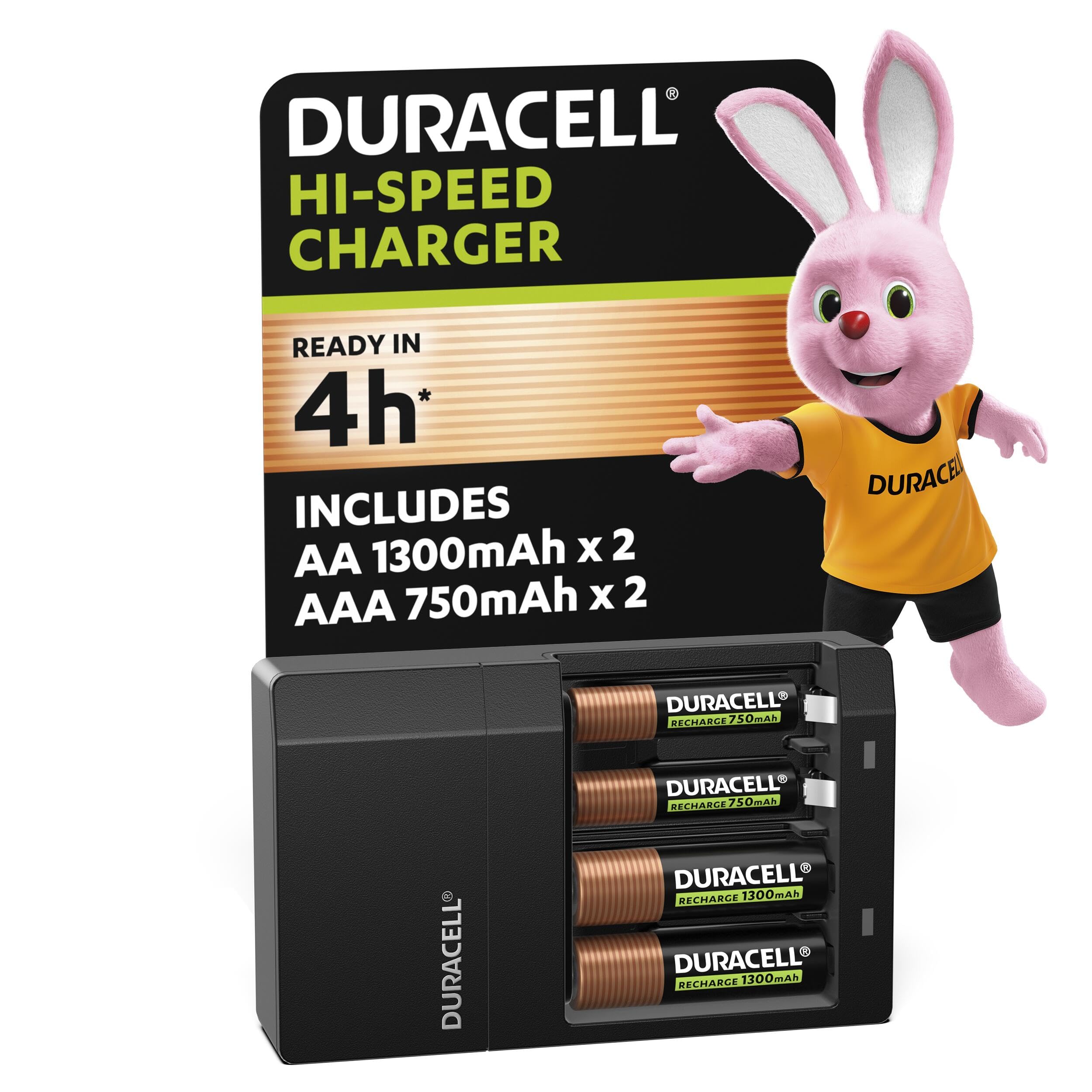 DURACELL Hi-Speed Battery Charger, 4 hours, Compatible with AA and AAA NiMh Batteries, 2x AA 1300mAh and 2x AAA 750 mAh, Rechargeable Batteries Included