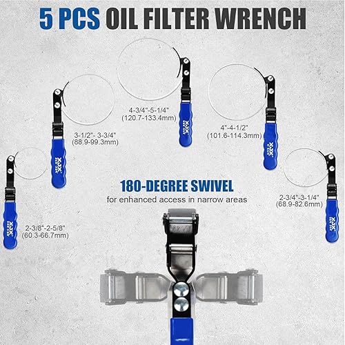 Miniatura 3 de XJX Juego de llaves giratorias de filtro de aceite estándar de 7 piezas, 2-38 pulgadas a 5-14 pulgadas (2.362-5.236 in), herramienta de extracción