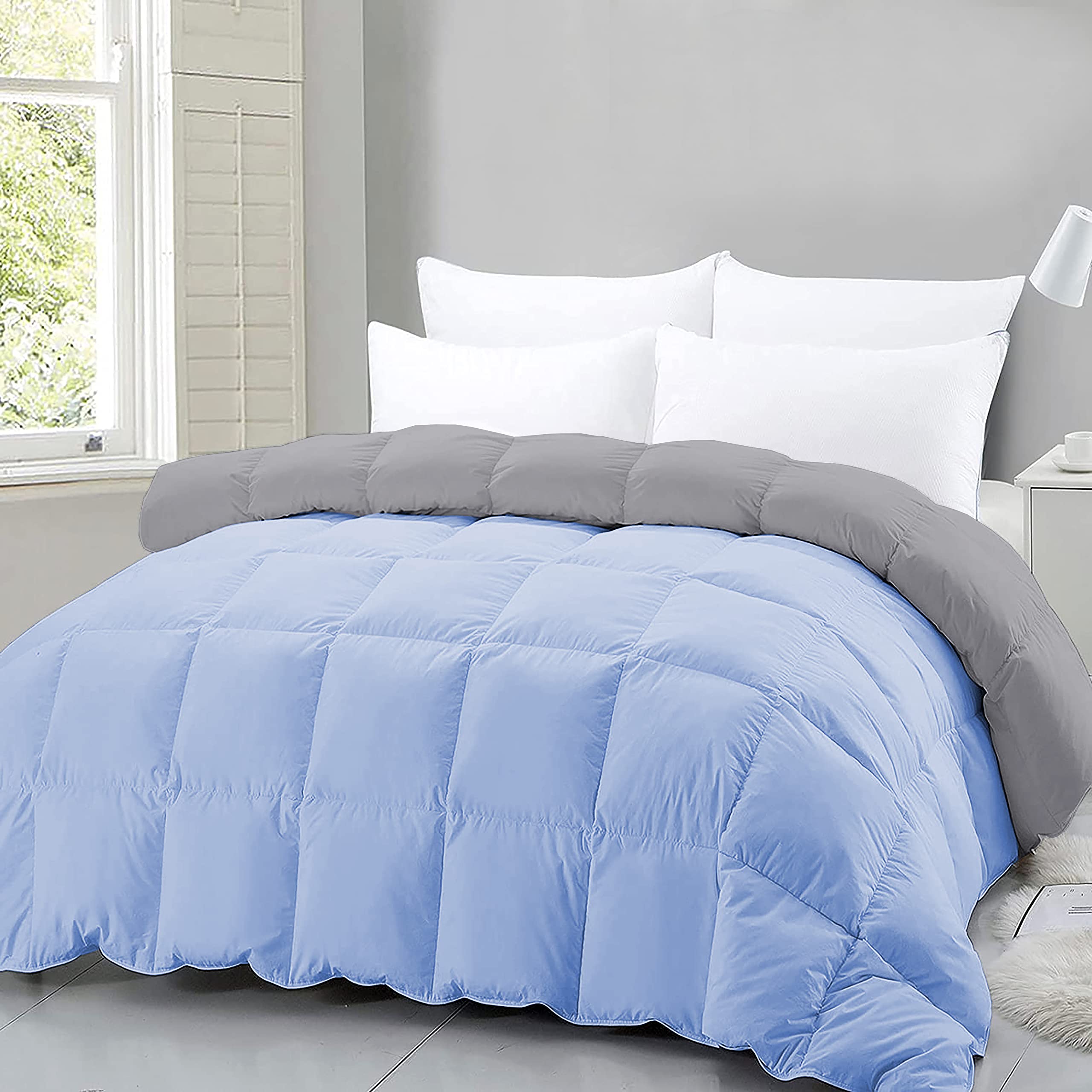 MammaYo Razzai Down Alternative Soft Quilted 300 GSM All Weather Comforter (90" x 90" Inches/228cm x 228cm) - Queen Size Comforters|Silver/Sky Blue| TC - 400
