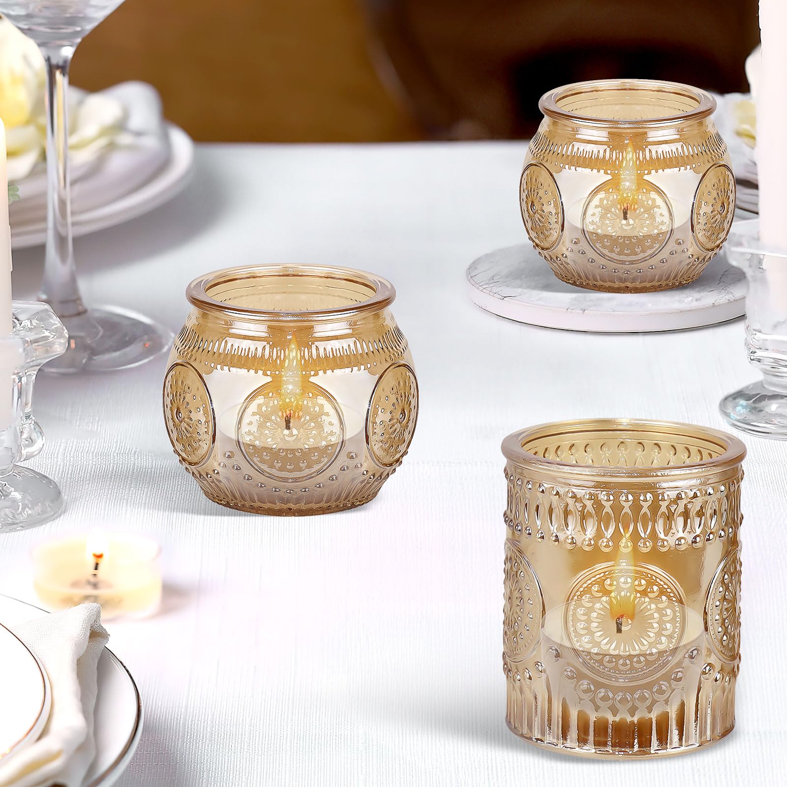36er Teelichthalter Glas Gold, Vintage Kerzengläser für Hochzeit & Deko | Vintage Windlichter mit geprägtem Muster sorgen für warmes Licht bei Jubiläen, Geburtstagen, Feiern und festlichen Anlässen