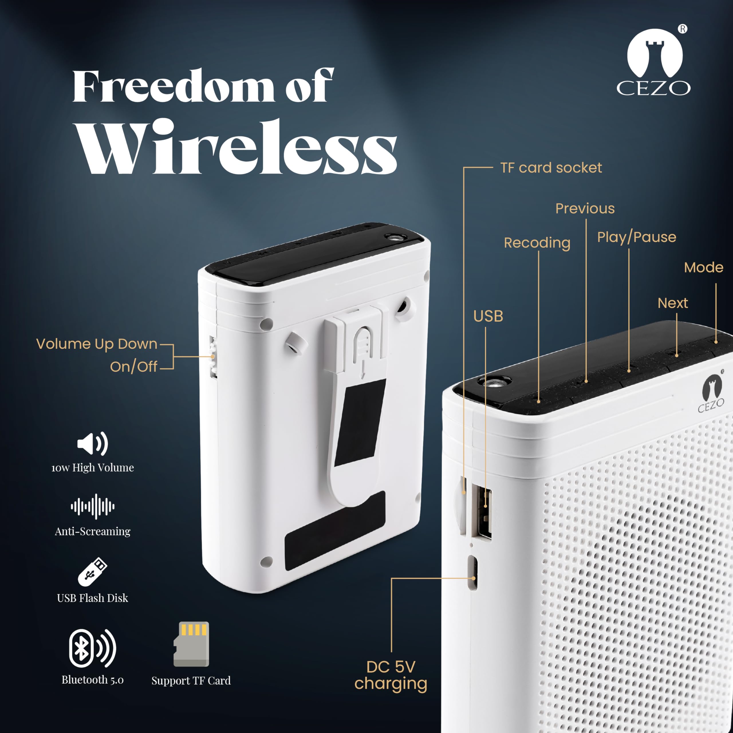 CEZO Voice Amplifier with UHF Wireless Microphone Headset Rechargeable Mic with Speaker Voice Amplifire for Teachers Training, Meeting, Tour Guide, Yoga, Classroom -White - Image 3 thumbnail