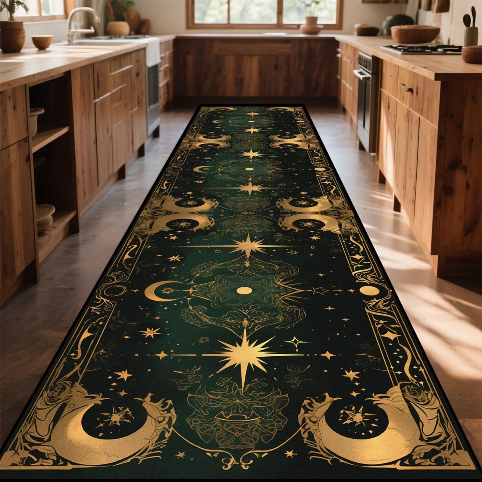 RICAUOU Celestial Kitchen Runner Non-Slip, 120x300cm Machine Washable Gothic Emerald Green and Gold Moon Star Long Carpet for Hallway, Mystical Astrological Witchy Floor Mat for Corridor Bedroom โ image 1