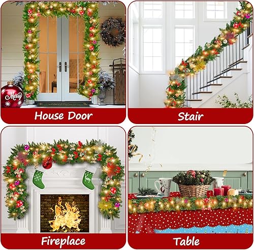 Miniatura 7 de CESHUMD Guirnalda de Navidad, guirnalda de Navidad de 9 pies con 80 luces LED, guirnalda de Navidad iluminada a pilas para decoraciones de Navidad