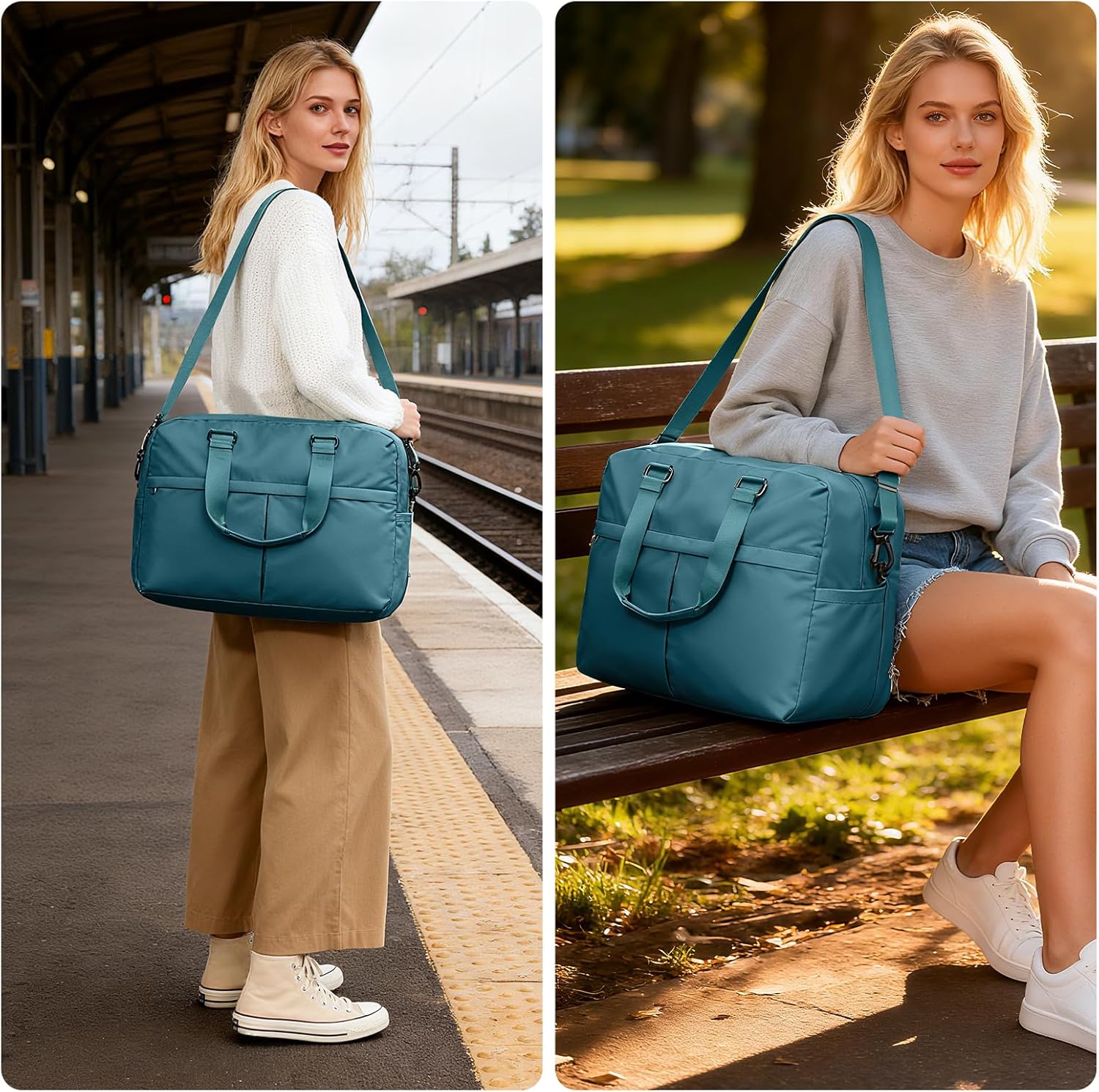 Expandable Personal Item Travel Duffle Bag Weekender Bag for Women Men, Overnight Hospital Carry On Bag with Toiletry Bag for Airplanes Travel Business Trips Sport, Peacock Blue