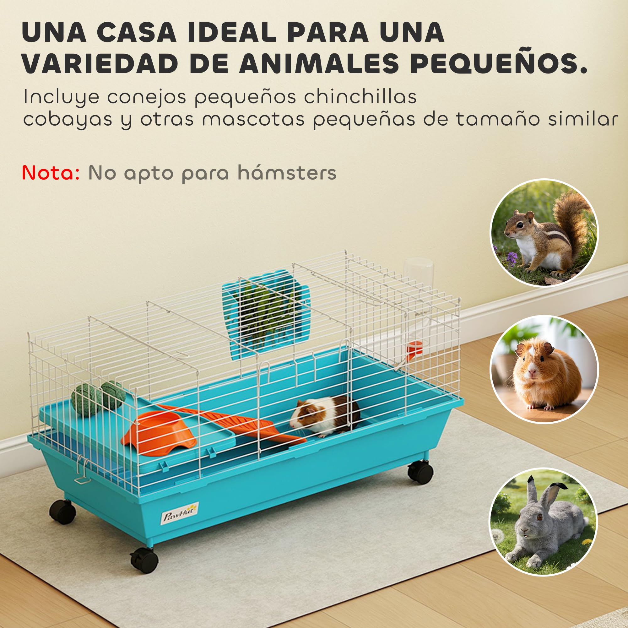 PawHut Jaula para Animales Pequeños, Jaula para Roedores con Ruedas, Botella de Agua, Comedero, Dispensador de Heno, Plataforma, Rampa, Bandeja Extraíble, para Conejos y Cobayas, 89x44x43 cm, Azul