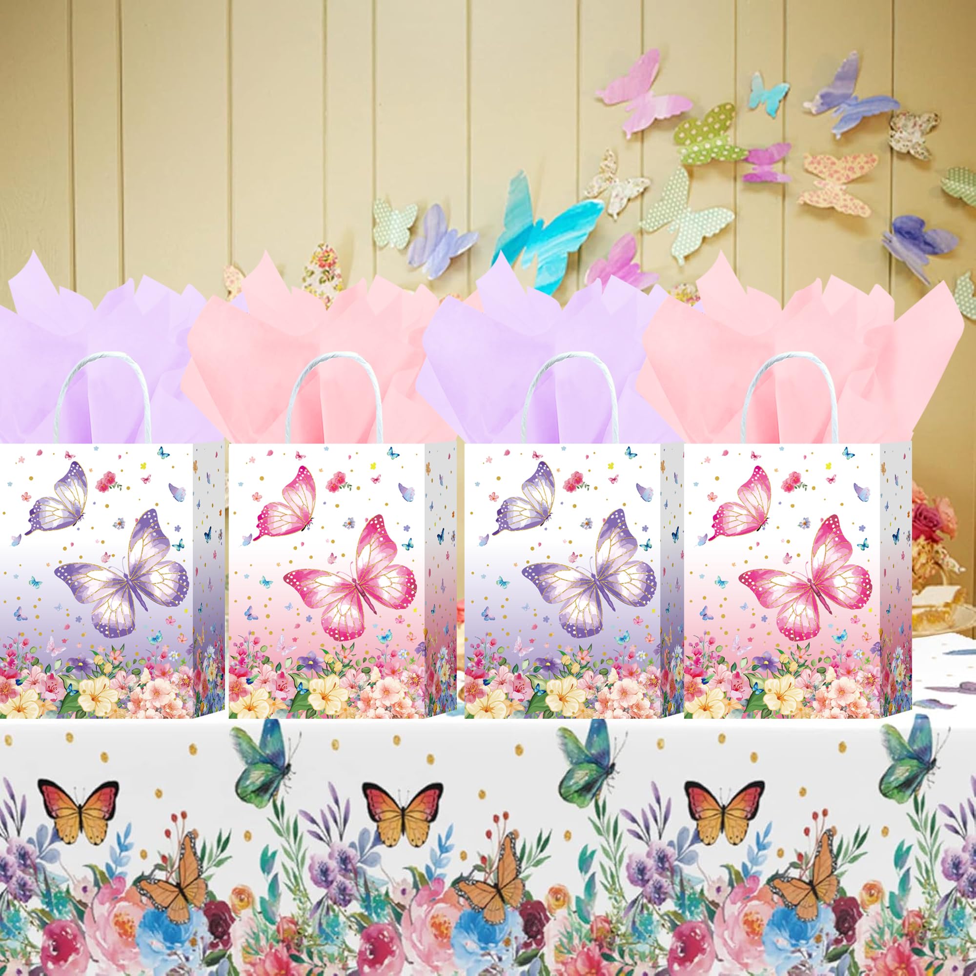 W WINTMING 16 Pcs Butterfly Gift Bags Butterfly Party Favor Bags with Tissue Paper Pink Purple Paper Goodie Bag Birthday Bag for for Wedding, Birthday, Party Supplies and Gift (Flower)
