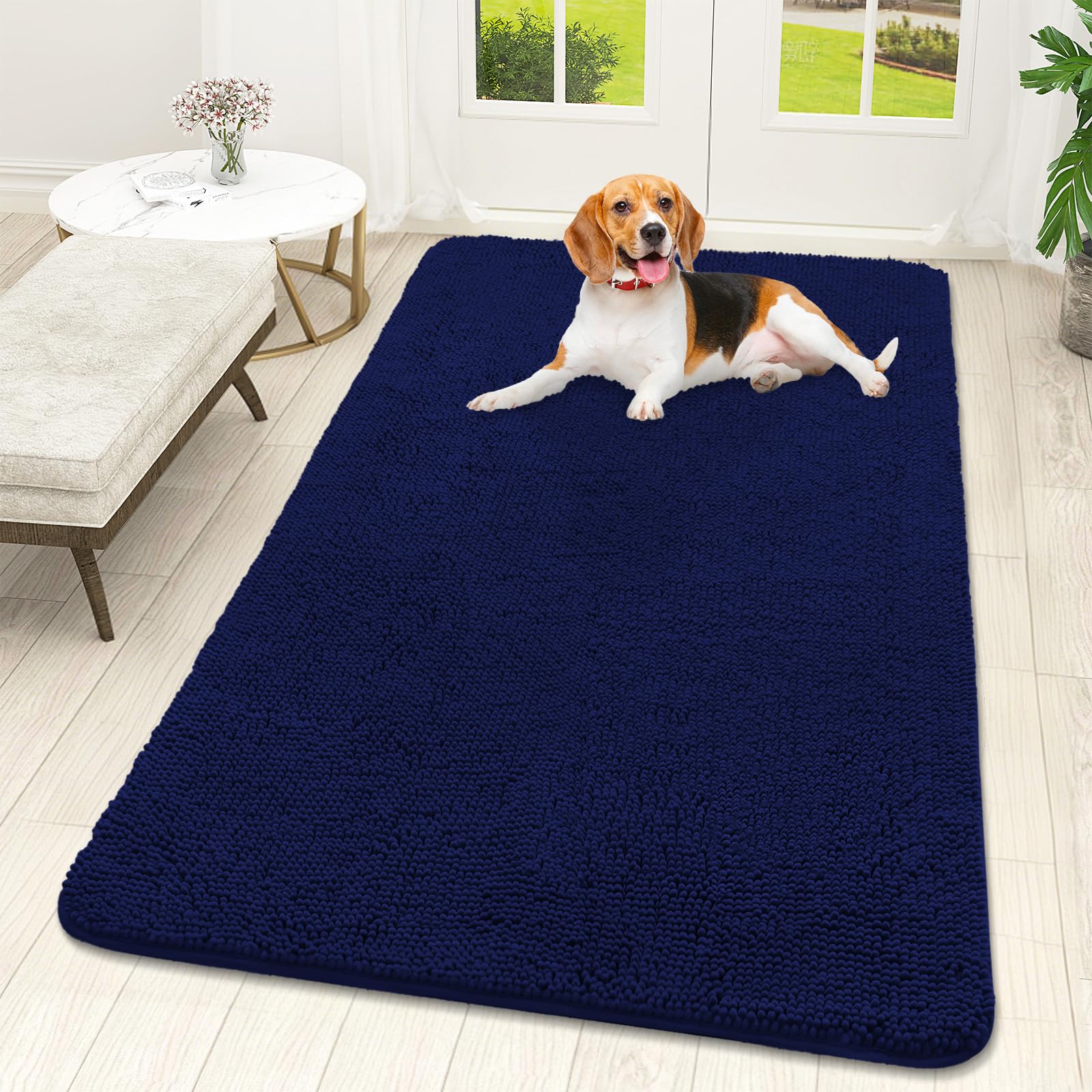 OLANLY Dog Door Mat for Muddy Paws 59x32, Absorbs Moisture and Dirt, Absorbent Non-Slip Washable Doormat, Quick Dry Chenille Mud Mat for Dogs, Entry Indoor Entryway Carpet for Inside Floor, Navy Blue — image 1