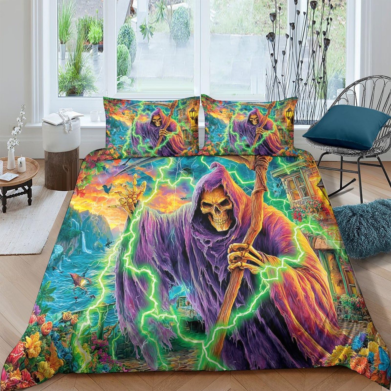 Parure housse de couette crâne zippée en microfibre légère et douce pour lit double