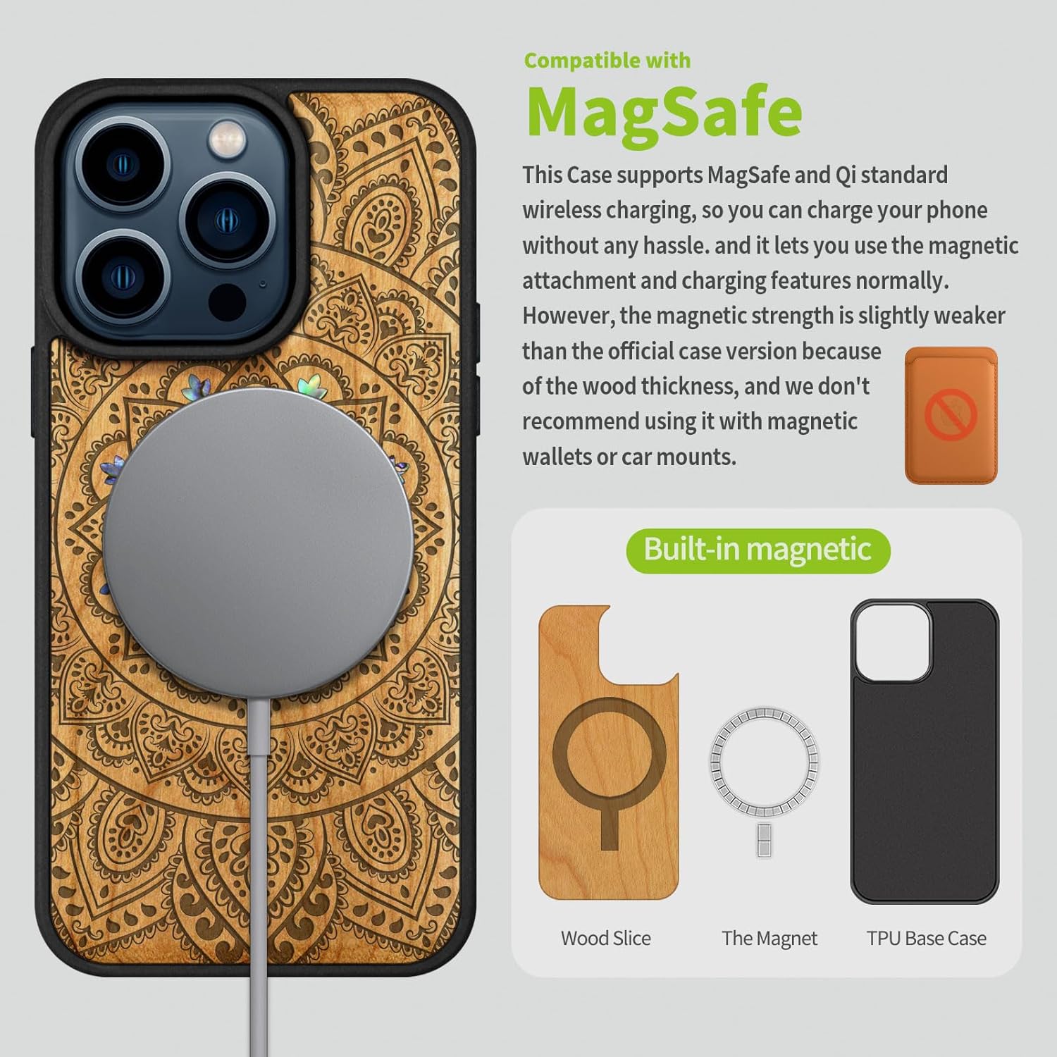 Carveit Wooden Case for iPhone 15 Pro Magnetic Case, Compatible with MagSafe Wireless Chargers, Shockproof Cover, Handmade Shell Inlaid & Wood Artisan Engraved (Mandala Floral) Cherry