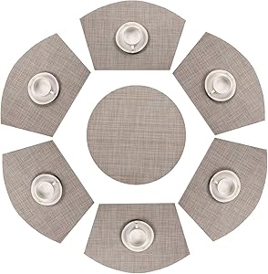 SHACOS Round Table Placemats Set of 7 Wedge Placemats with Centerpiece Round Mats Heat Resistant Washable (7, Beige White Black)