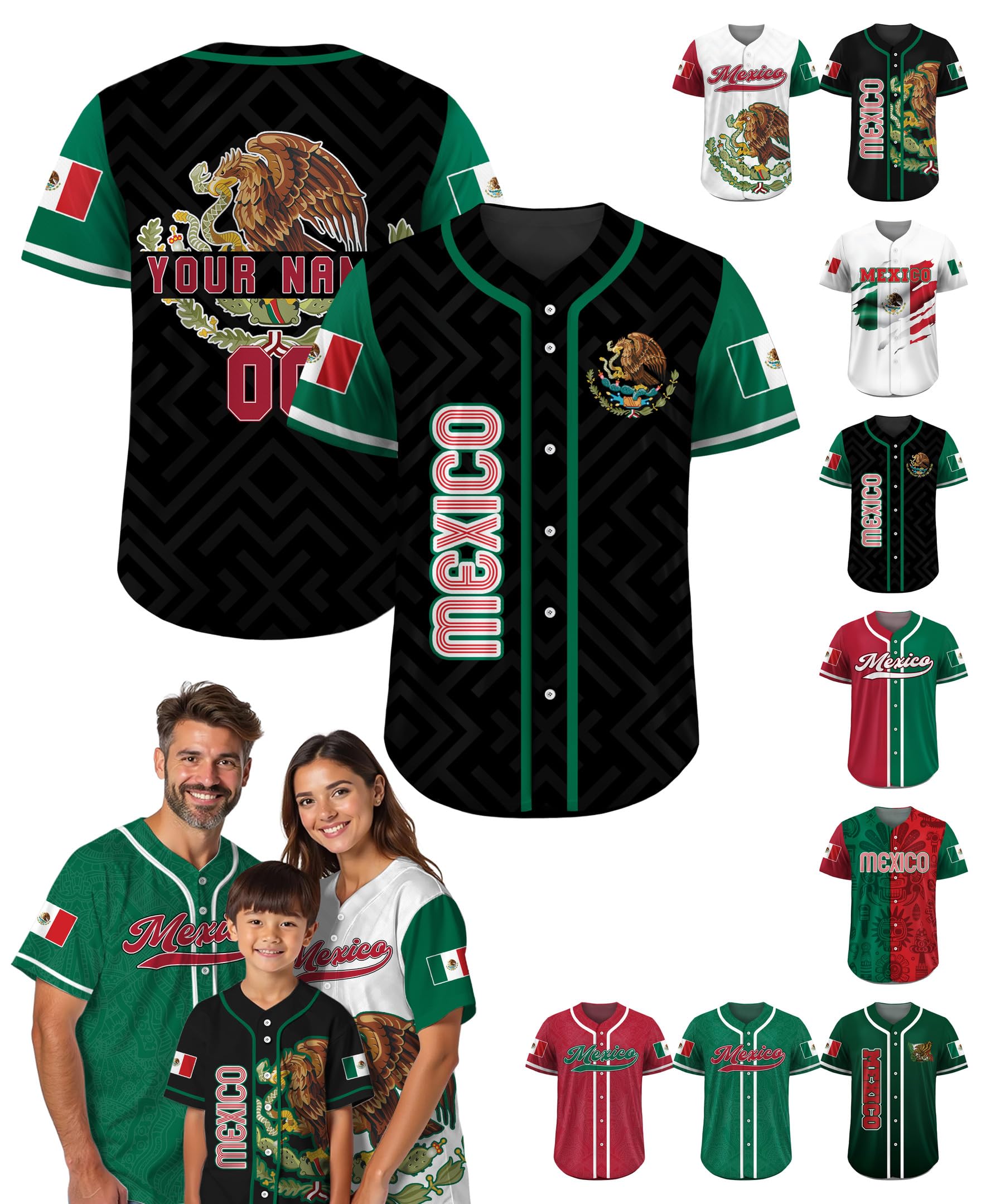 Custom Baseball Jersey – Personalized Name, Number & Logo, Mexican Baseball Button Up Mexico Flag Jersey for Men, Women, Youth, Toddlers