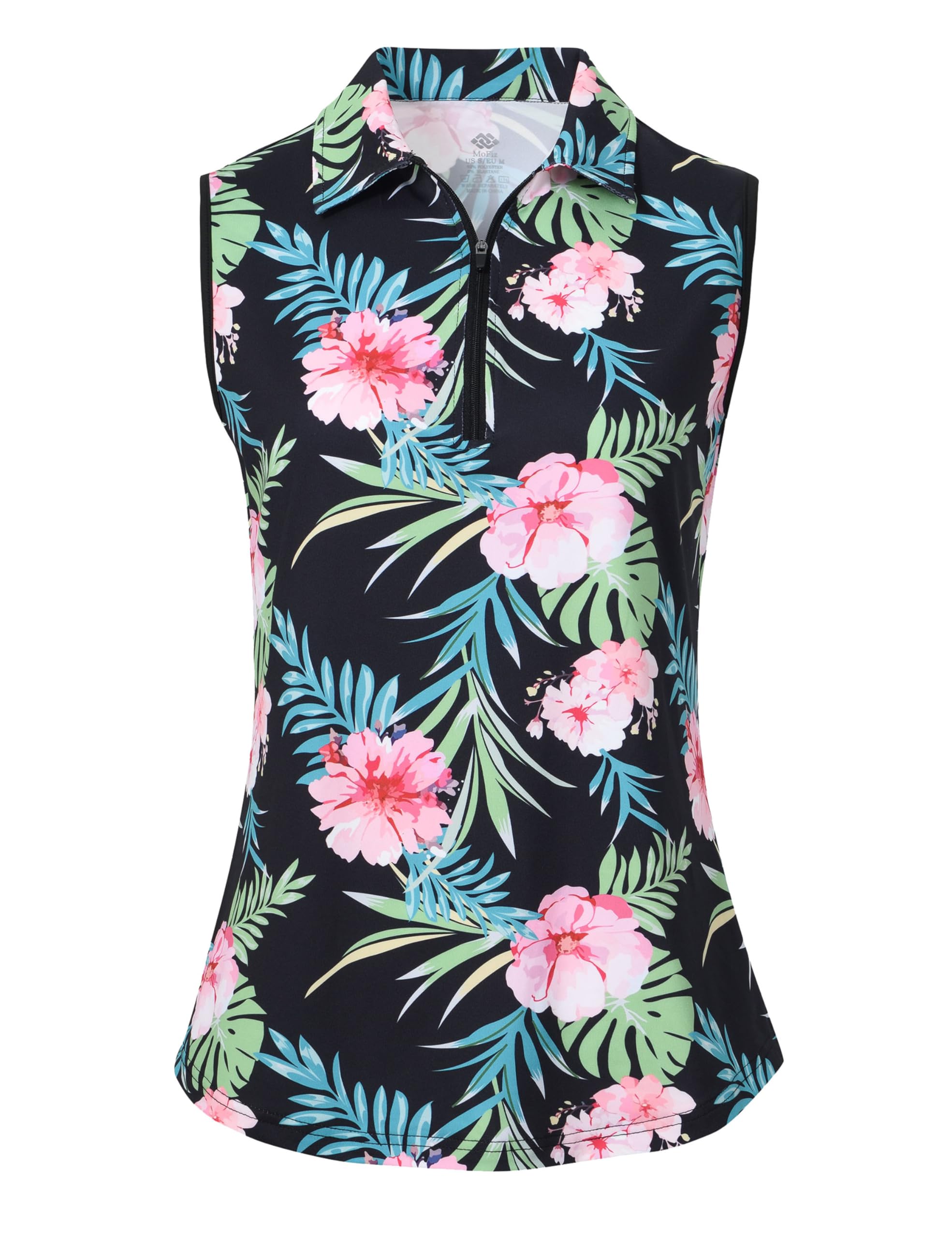 MoFiz Women's Sleeveless Golf Shirts Printed Zip up Tennis Polo Golf Tank Tops Floral-3 L
