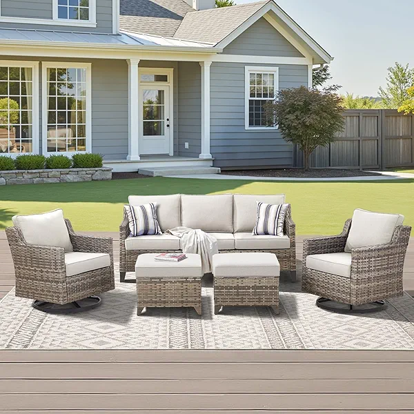 AMCLOBA Outdoor Patio Furniture Set-5 Pieces All-Weather Wicker Outdoor Furniture with Swivel Patio Chairs Outdoor Patio Conversation Sets for Garden Porch Deck Grey/Beige