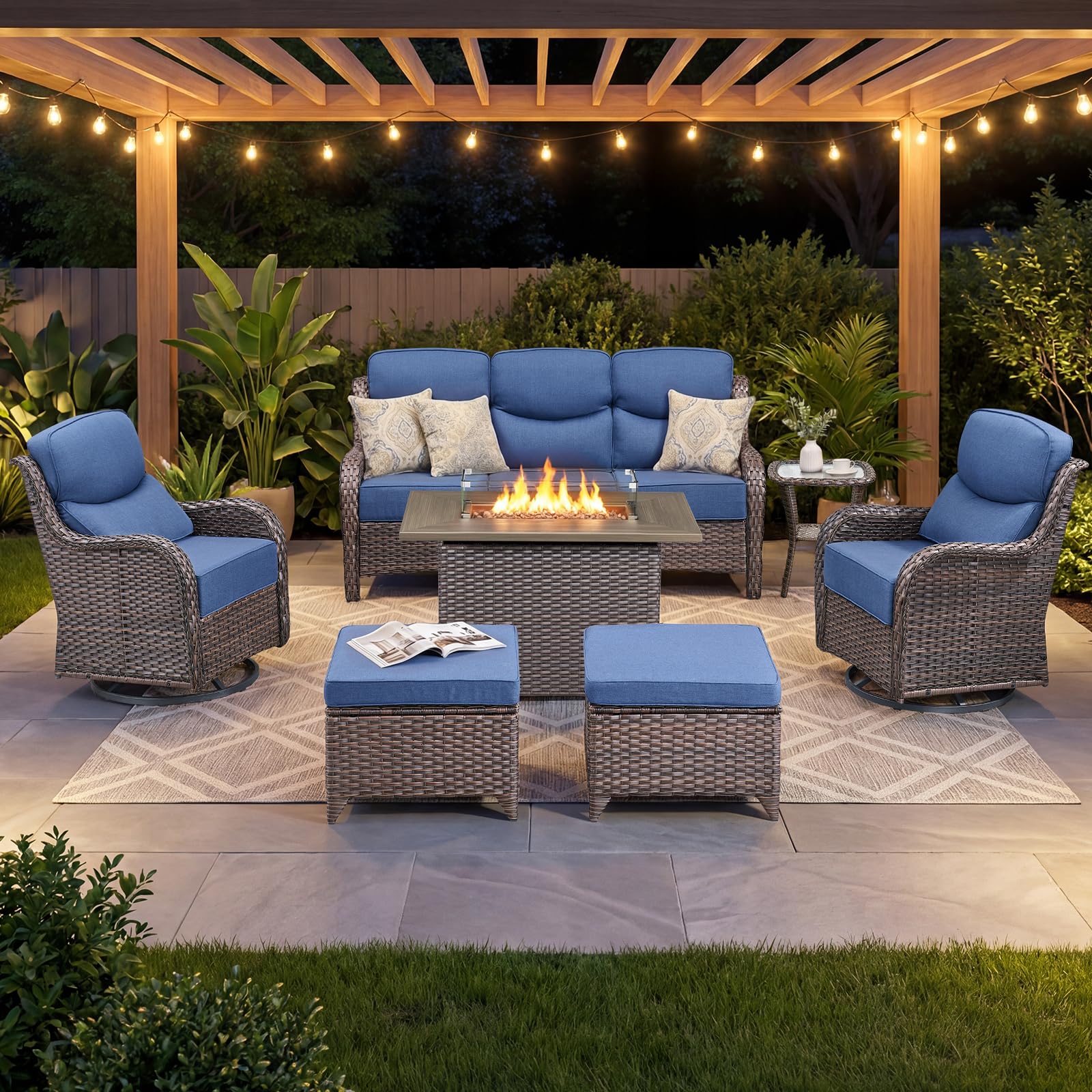 Luxury Patio Furniture Set with 6-inch Thick Cushion, Outdoor Furniture with Fire Pit Table, Swivel Chairs, Sofa, Side Table, Ottomans, 7pcs Wicker Conversation Set (Brown Wicker | Blue Cushion)