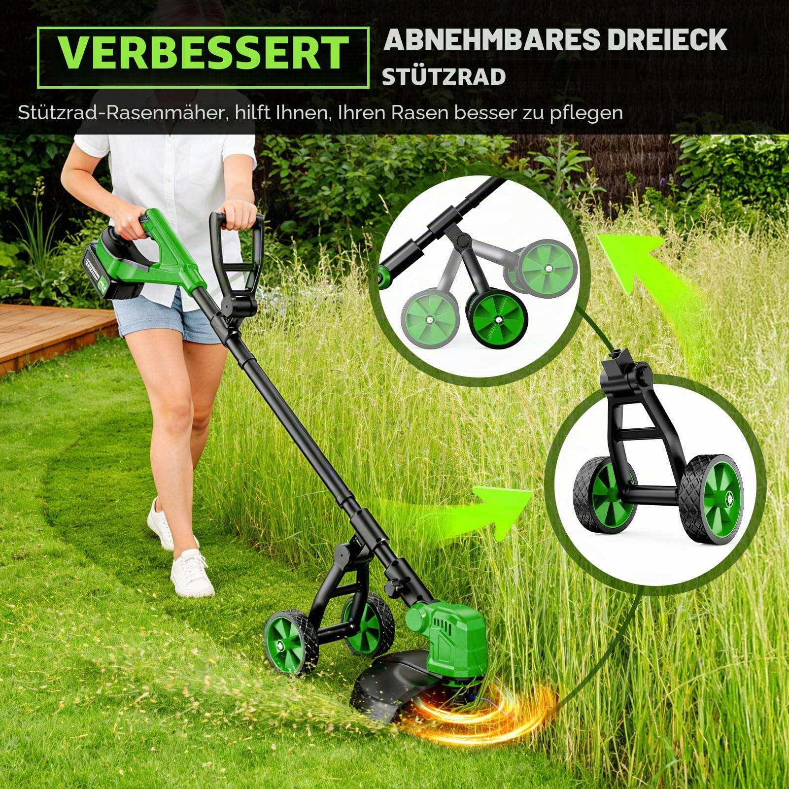Rasentrimmer mit Rad 14 Zoll,Akku-Rasentrimmer mit 2×3,0 Ah Batterie und Ladegerät,20.000 U/min,4-in-1 Freischneider mit 800W Bürstenloser Motor,8 Ersatzspulen für Garden Trimmen,Höfe