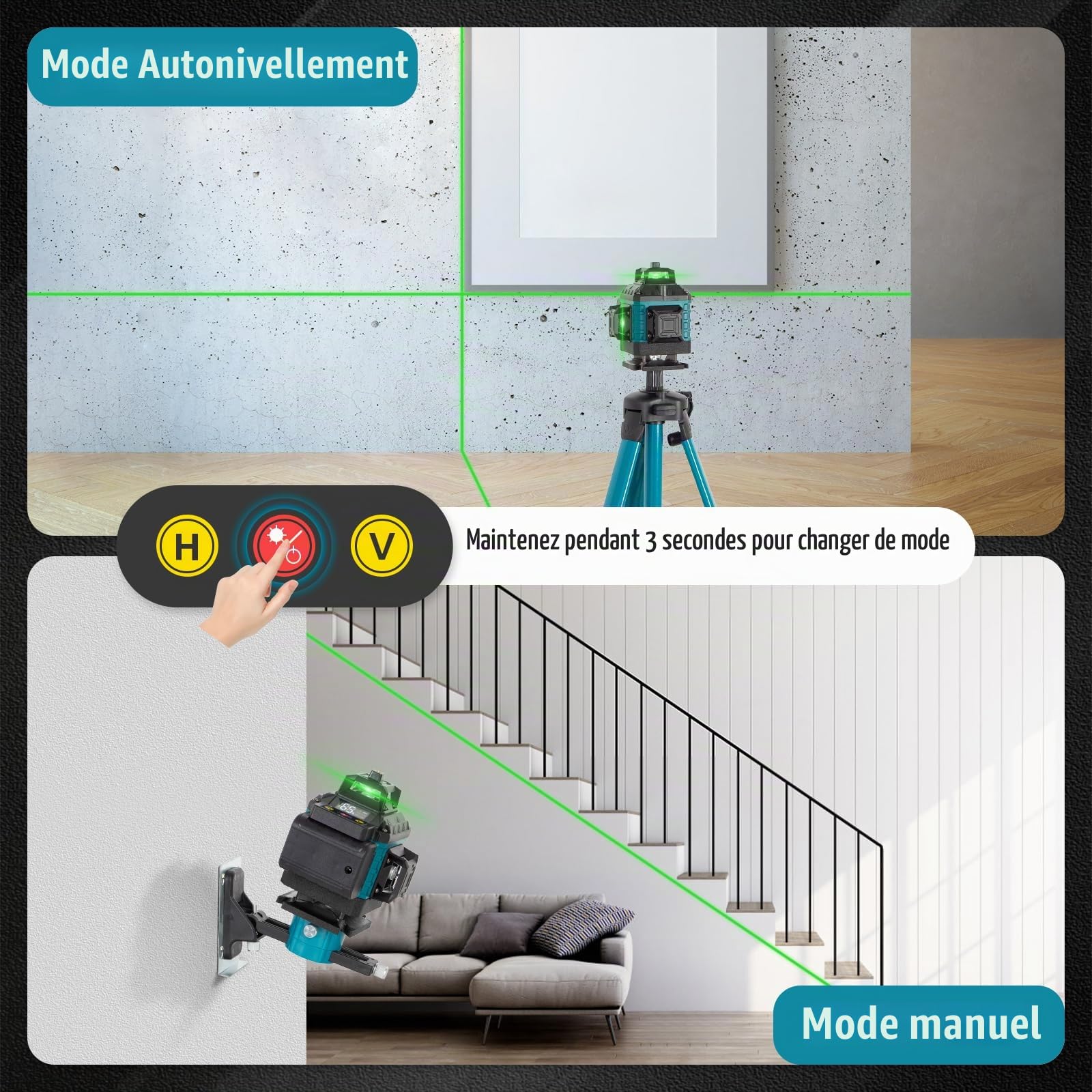Todeco Laser Chantier Niveau Laser 4 x 360° 4D 16 Lignes Auto-Nivelant | Mode Impulsion ExtéRieur, avec 2 x 3000mAh Batterie & Affichage LED, Télécommande et Trépied, Étanche et Anti-Poussière