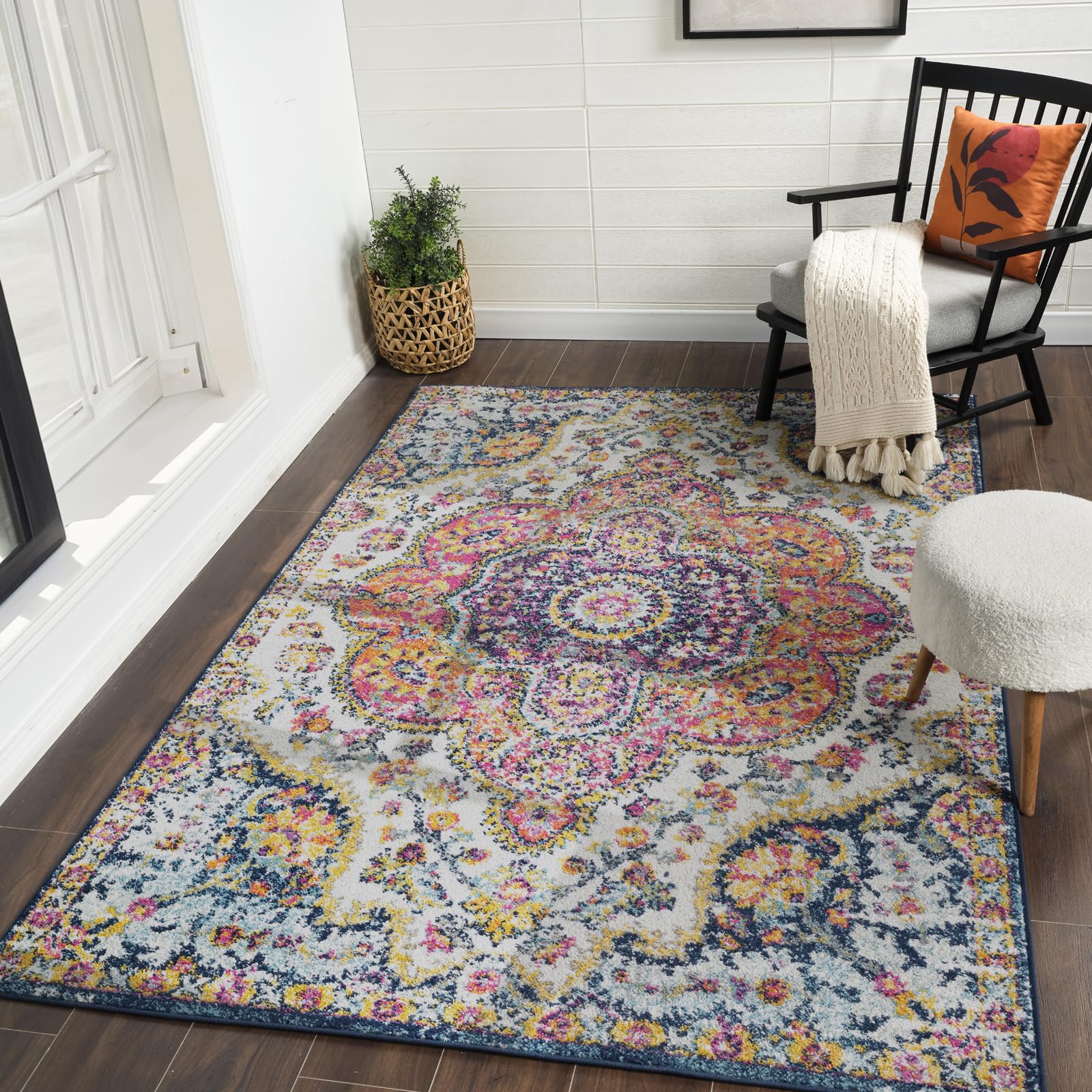 Livabliss Julia Rabat Vintage Rug - Area Rugs Living Room 200x275 cm, Dining Floor, Kitchen, Traditional Multicoloured Boho Rug, Easy Care Pile, Bohemian Large , Fuchsia, Orange and Blue