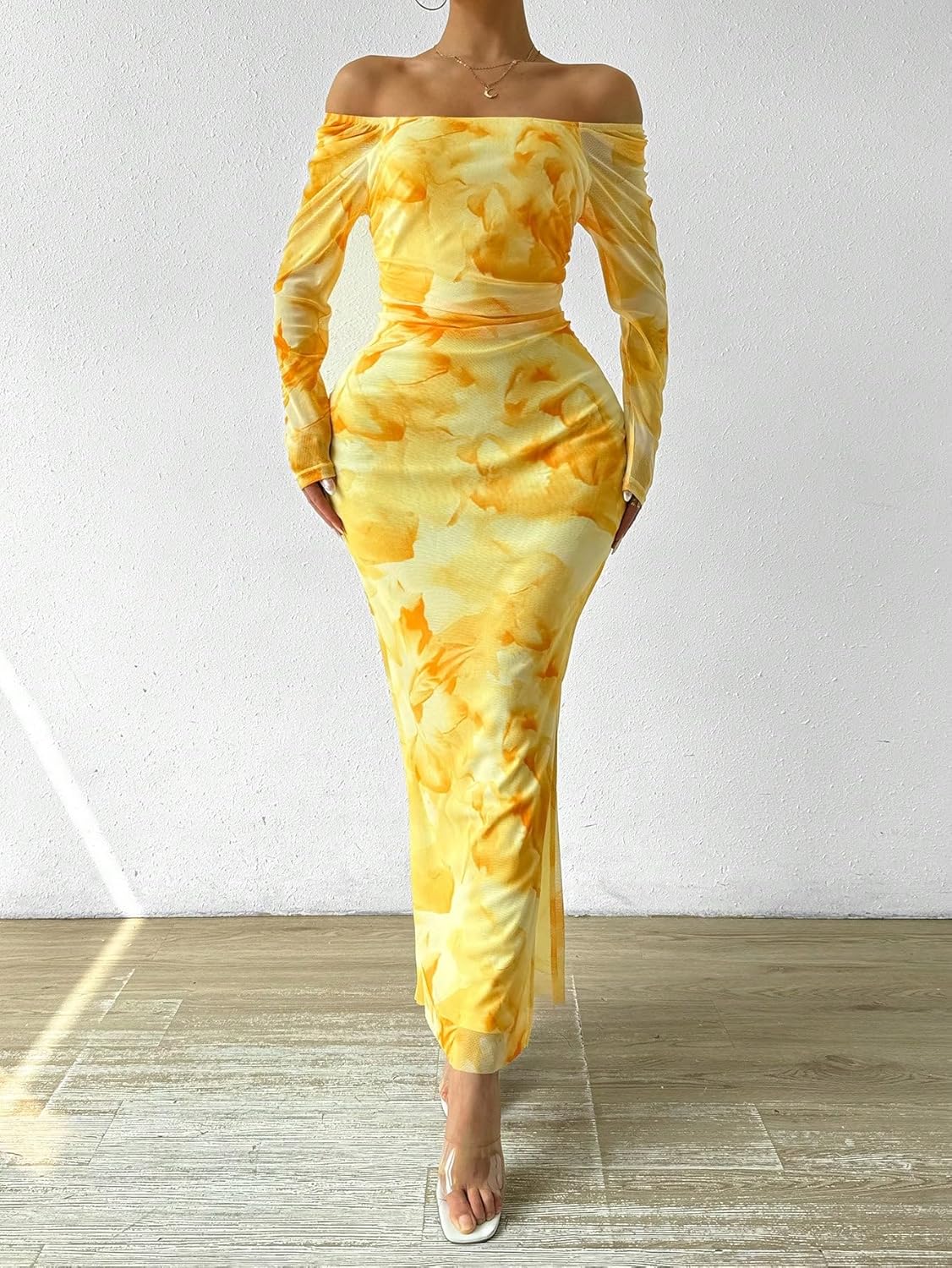 LIGHT DOT Women's Printed Off Shoulder Maxi Dress Long Sleeve Bodycon Ruched Mesh Cocktail Dress - Image 6