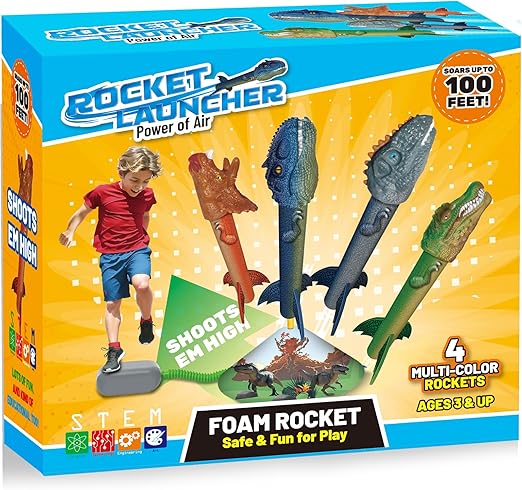 Dinosaur Rocket Launcher for Kids, 4 Rockets with Launcher Pad, Launch Up to 100 Ft, Dinosaur Toys for Kids, Outdoor Toys, Birthday Gifts for 3 4 5 6 7 Year Old Boys Girls