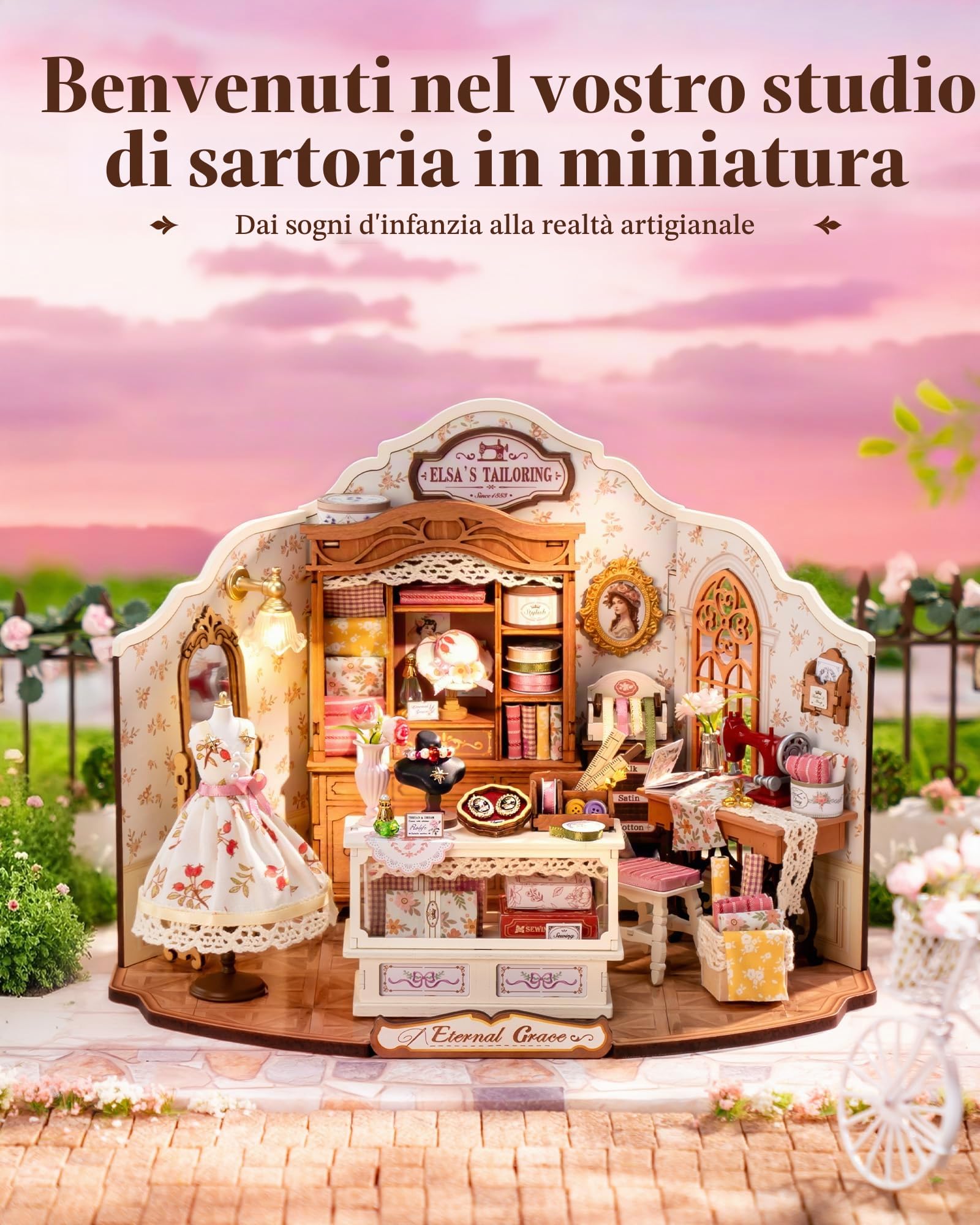 ROBOTIME Kit Casa delle Bambole in Miniatura Elsa's Tailoring, Kit di Costruzione in Legno con Luci LED, Miniature da Costruire per Adulti, Decorazione per la Casa, Regalo per Donne e Ragazze