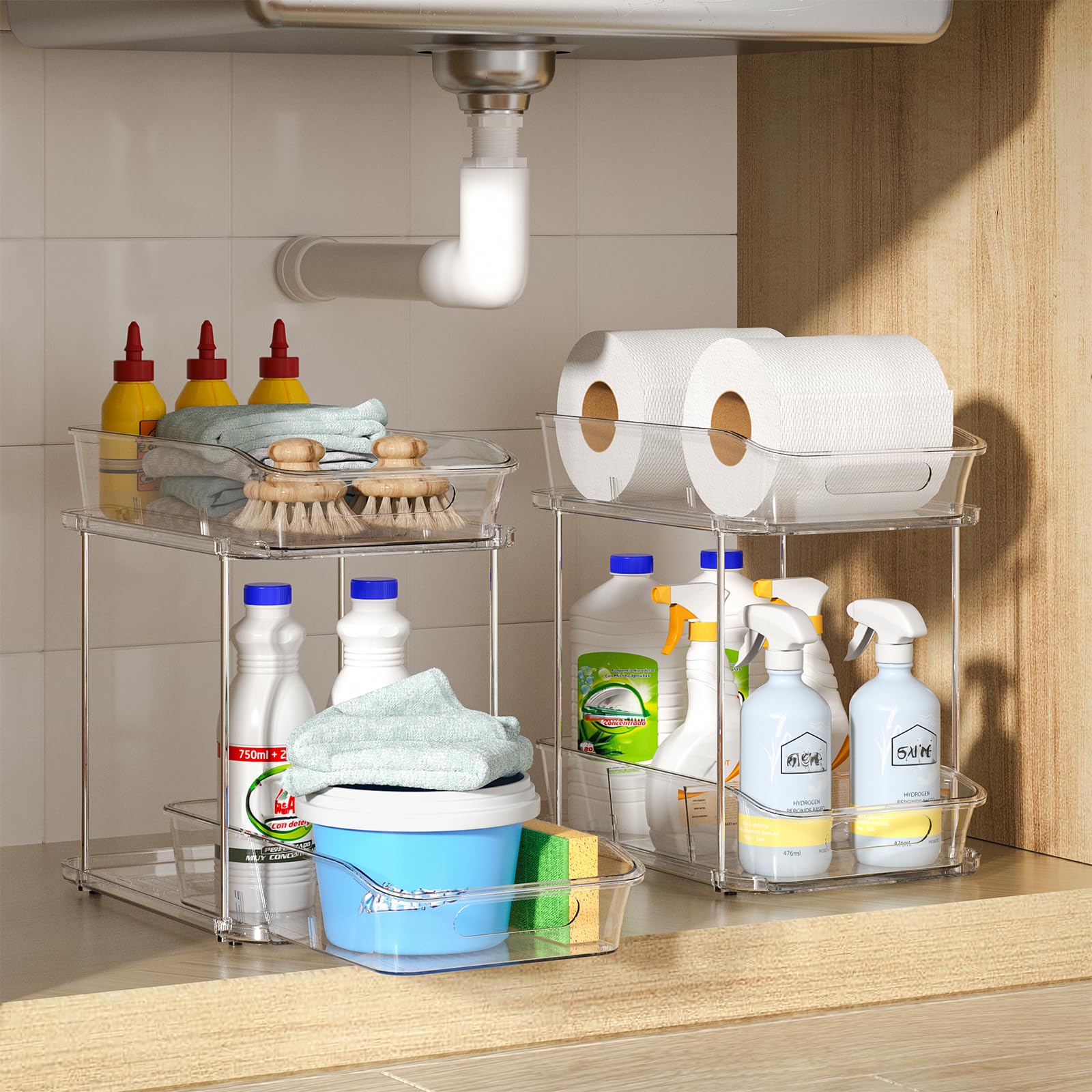Delamu Organizzatori e contenitori da bagno sotto il lavandino, confezione da 2, trasparente | Armadio multiuso a 2 ripiani, impilabile, estraibile, per organizzare e riporre oggetti con divisori