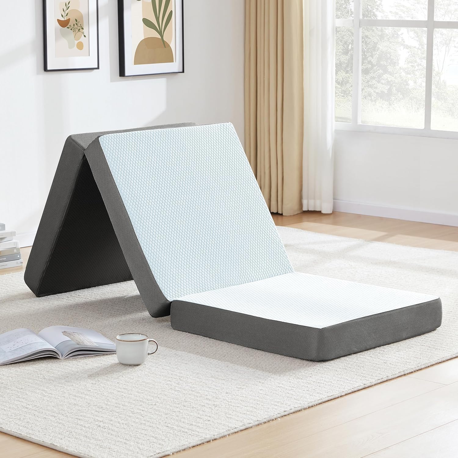 Tri-Folding Foam Mattress, Play Mat, Foldable Bed, Guest Beds, Portable Floor Guest Bed with Removable Cover