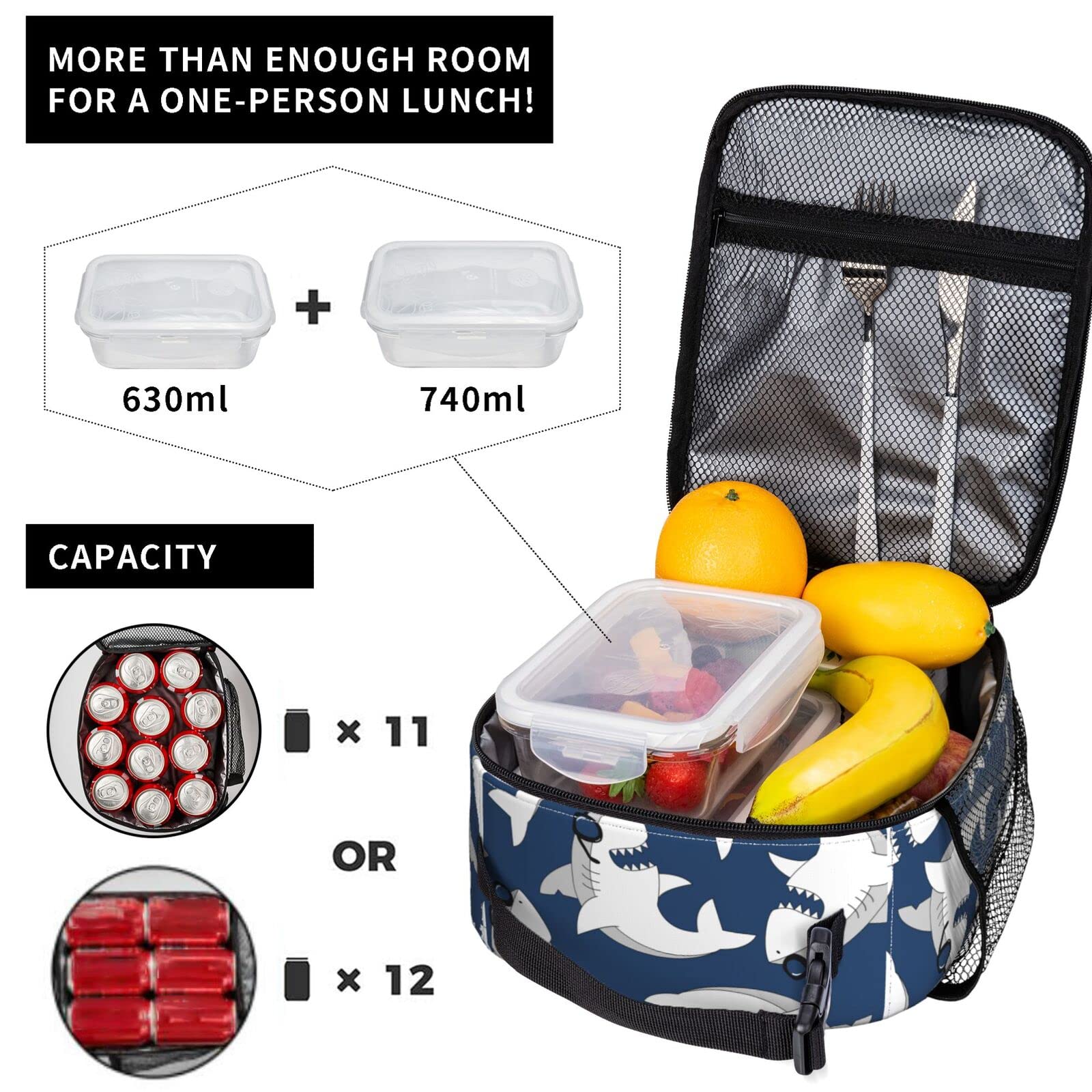 Borsa Termica Pranzo Con Disegno Squalo - Leggera, Isolata, Con Tasca, Per Bambini, Uomo E Donna, Per Lavoro, Scuola E Viaggi - 4