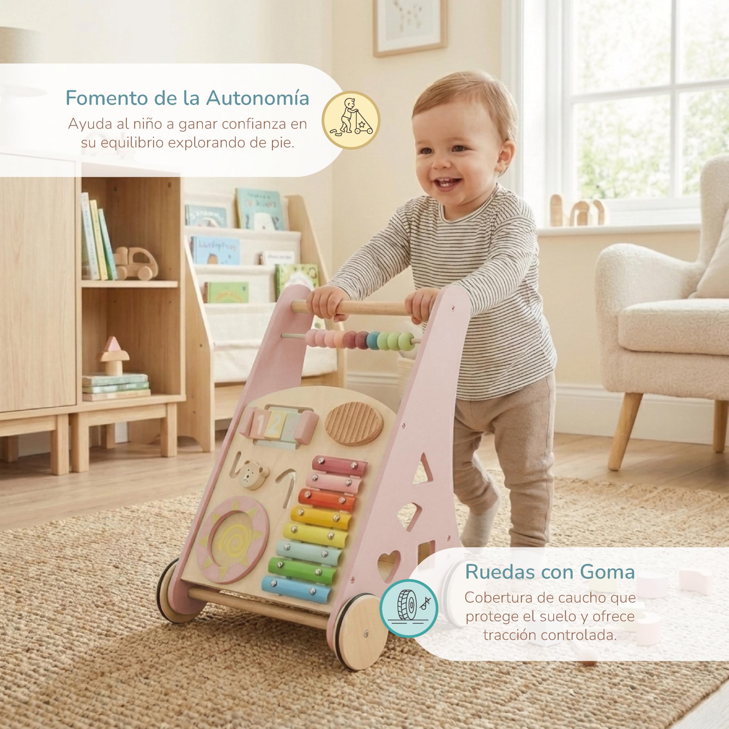 Buddy Baby Montessori- Wózek dziecięcy drewniany - Wózek biegowy do pierwszych kroków z zabawkami i zajęciami - Wózek spacerowy dla dziecka +12 miesięcy (Laponia/Róża)