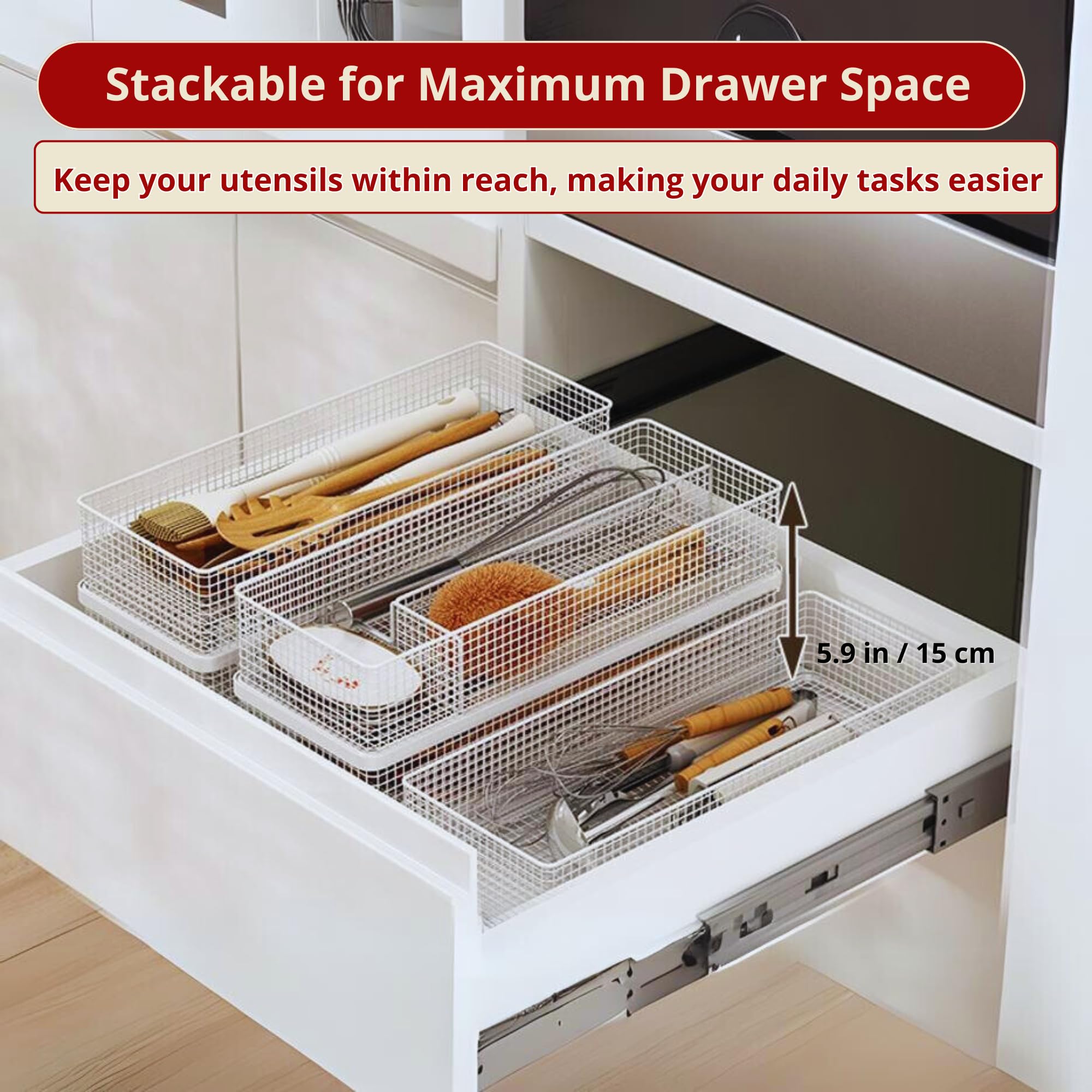 Cajón apilable para utensilios de cocina, almacenamiento para cubiertos grandes, versátil soporte para cubiertos para cajones de cocina eficientes y ordenados, solución que ahorra espacio