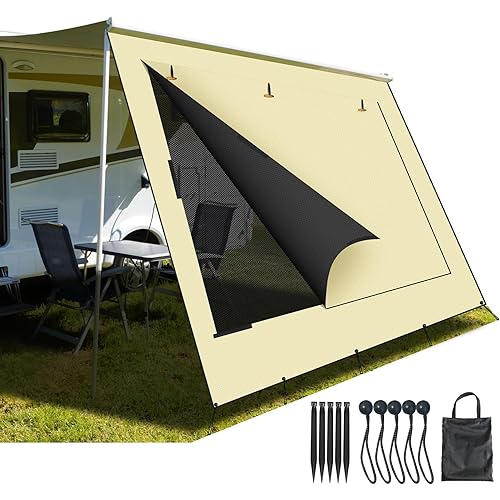 RV Awning Sun Shade Screen with Roll-Up Curtain 17'3''×8', 600D PVC Mesh ＆ Oxford for 95% UV Block ＆ Waterproof, Enhanced Privacy Screen for Campers & Trailers